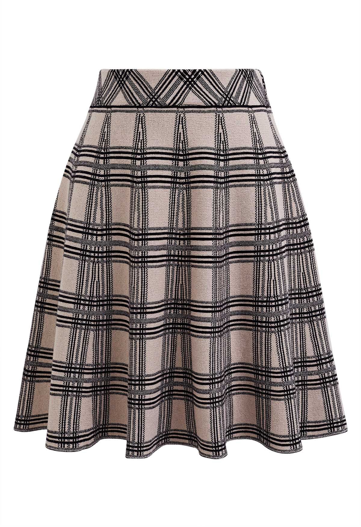 Plaid Knit High Waist Mini Skirt in Light Tan