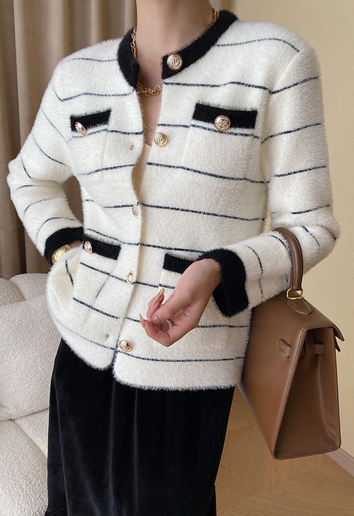 Contrast Striped Patch Pocket Fuzzy Knit Cardigan in White - Retro, Indie  and Unique Fashion