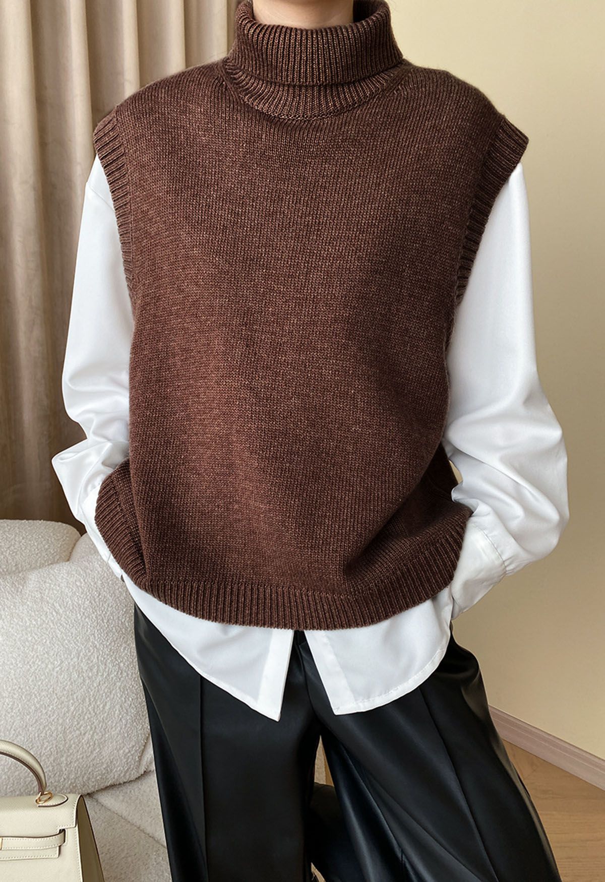Solid Turtleneck Knit Vest in Brown - Retro, Indie and Unique Fashion
