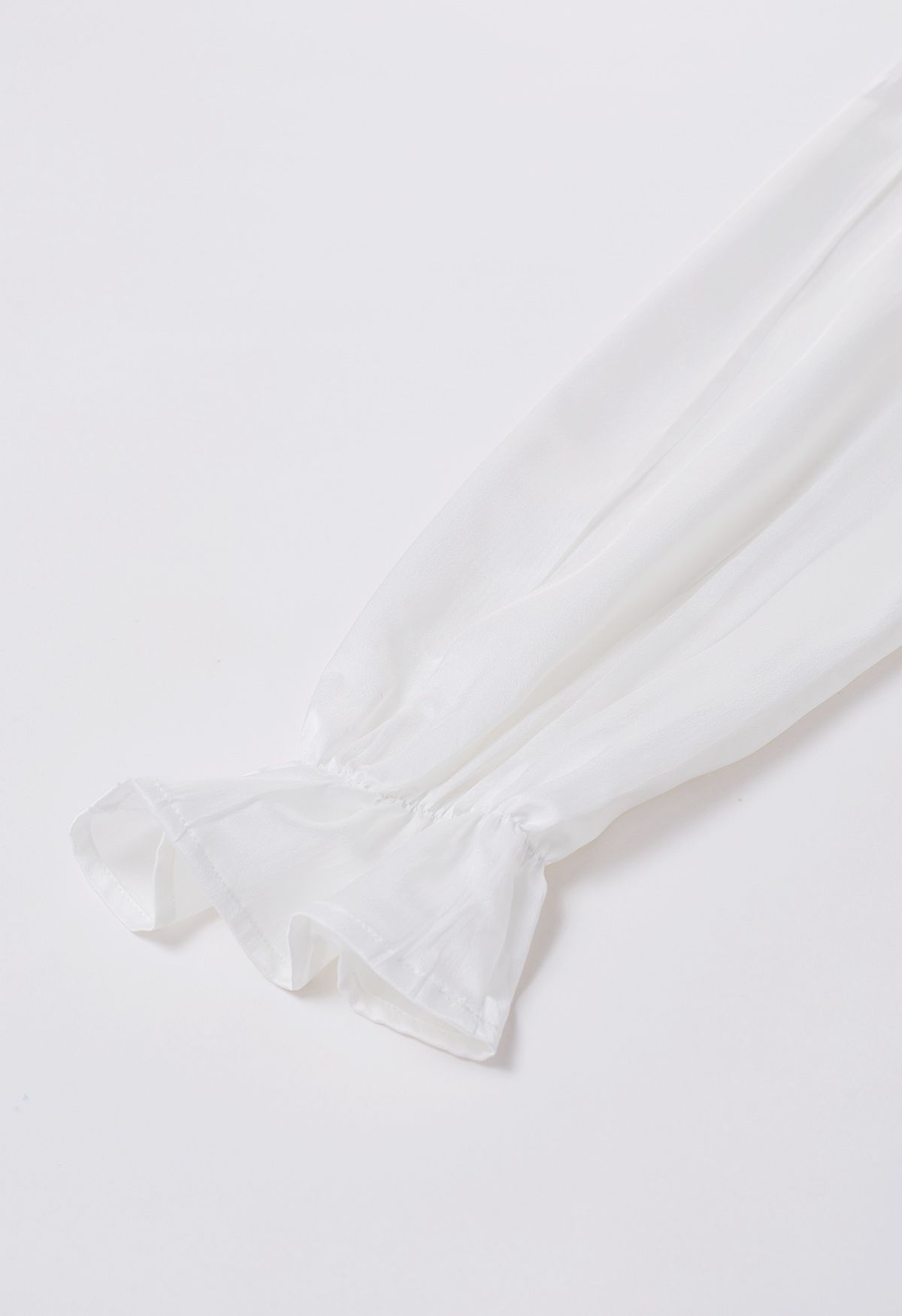 Tie-Neck Ruffle Trim Satin Shirt in White