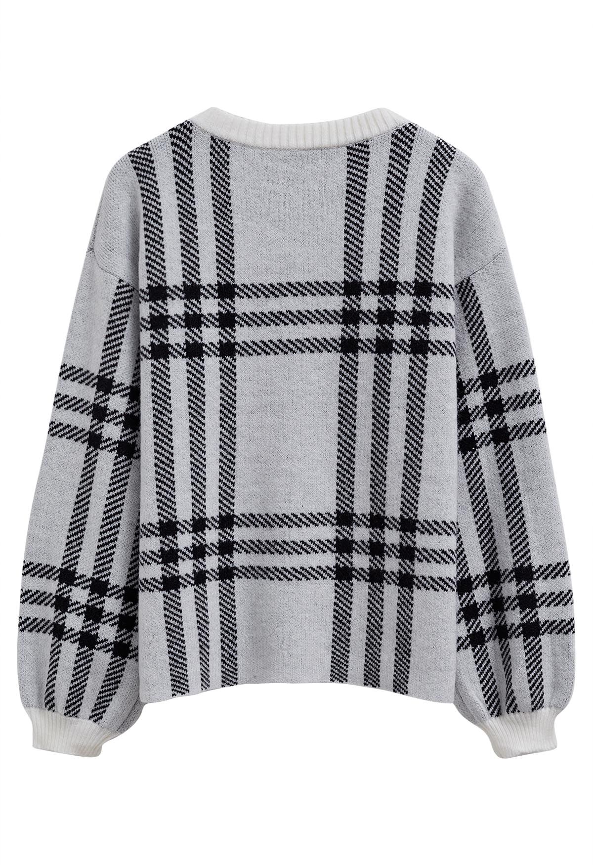 Classic Plaid Round Neck Knit Sweater in Grey