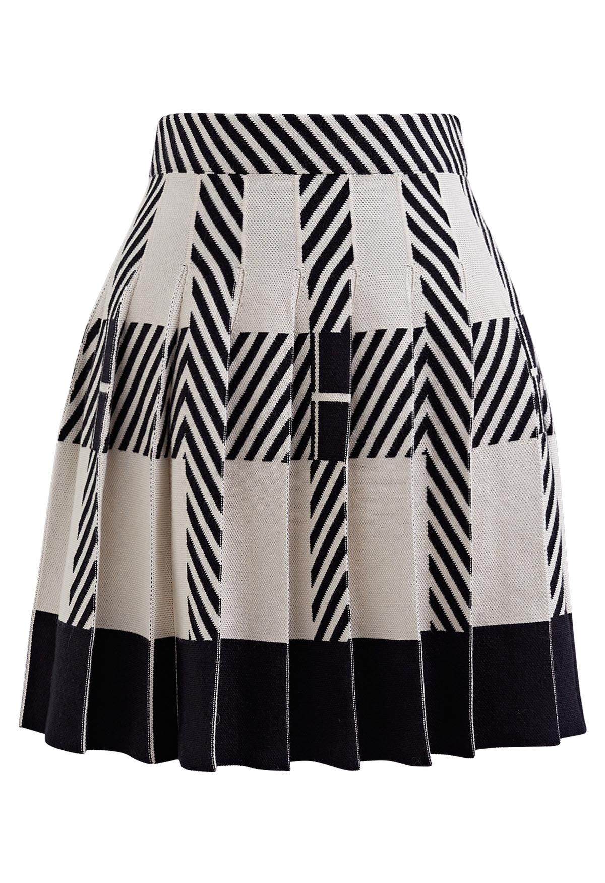 Color Block Striped Pleated Knit Skirt in Ivory