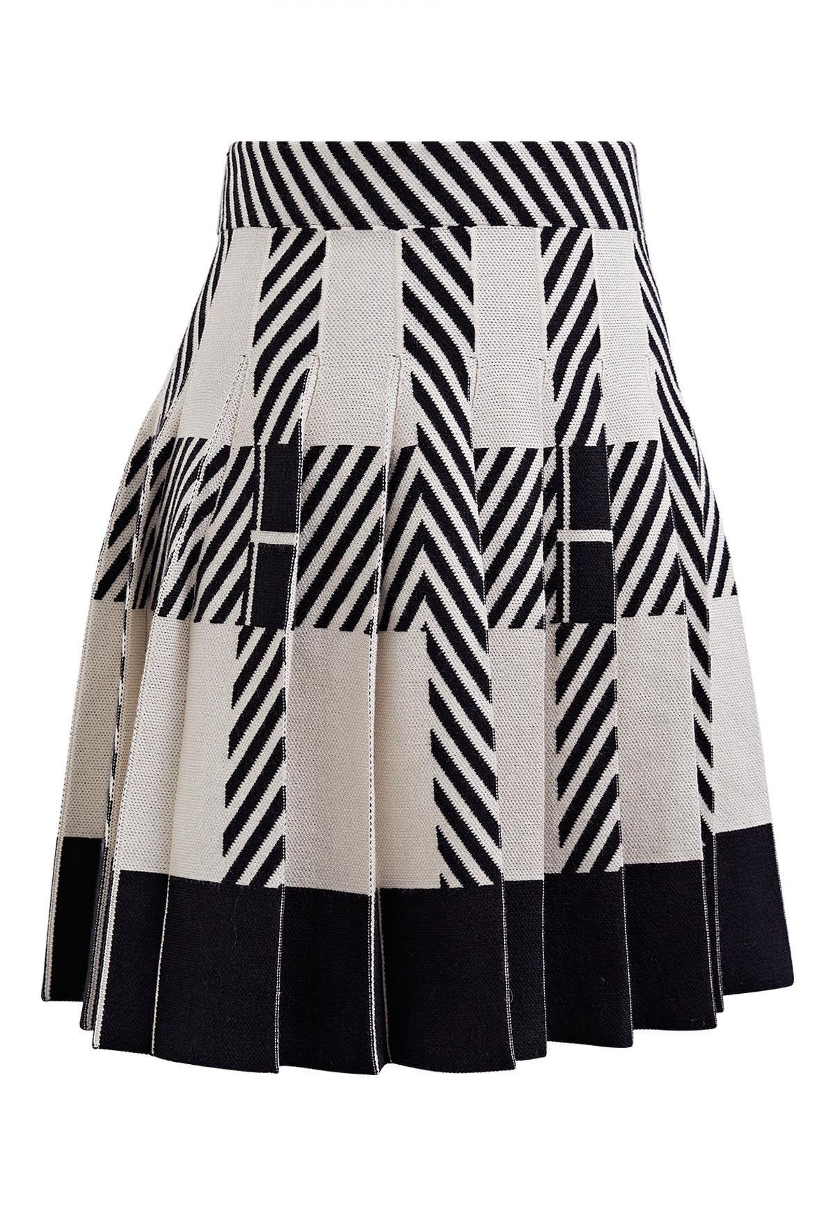 Color Block Striped Pleated Knit Skirt in Ivory