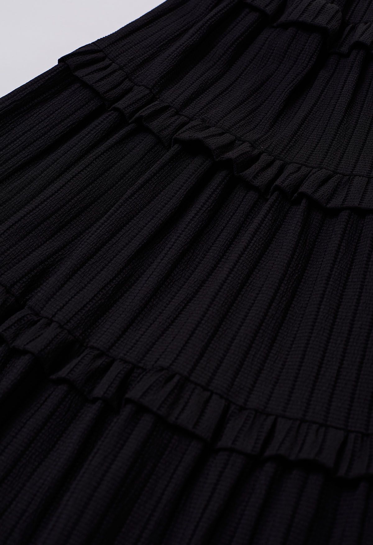Ruffle Tiered Stripe Texture Maxi Skirt in Black