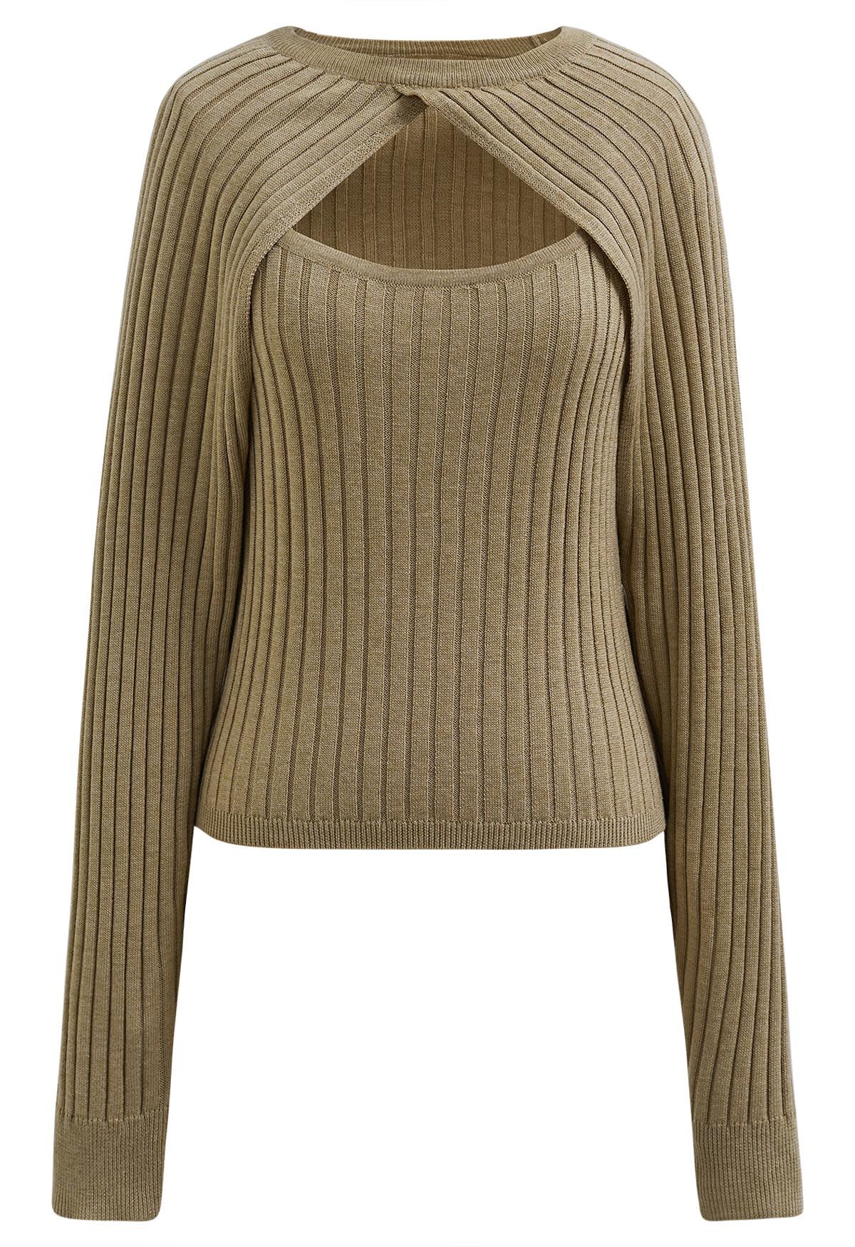 Solid Ribbed Knit Twinset Top in Khaki