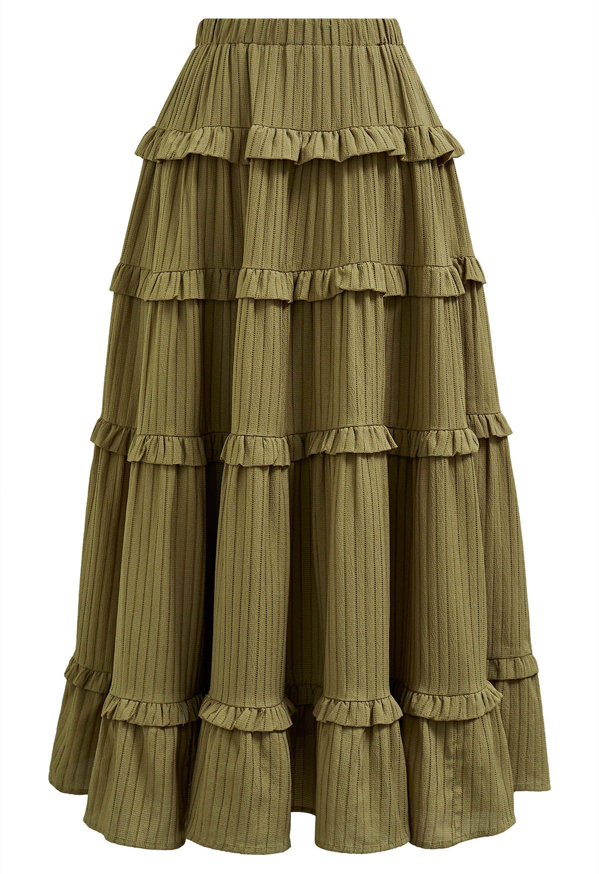 Ruffle Tiered Stripe Texture Maxi Skirt in Olive