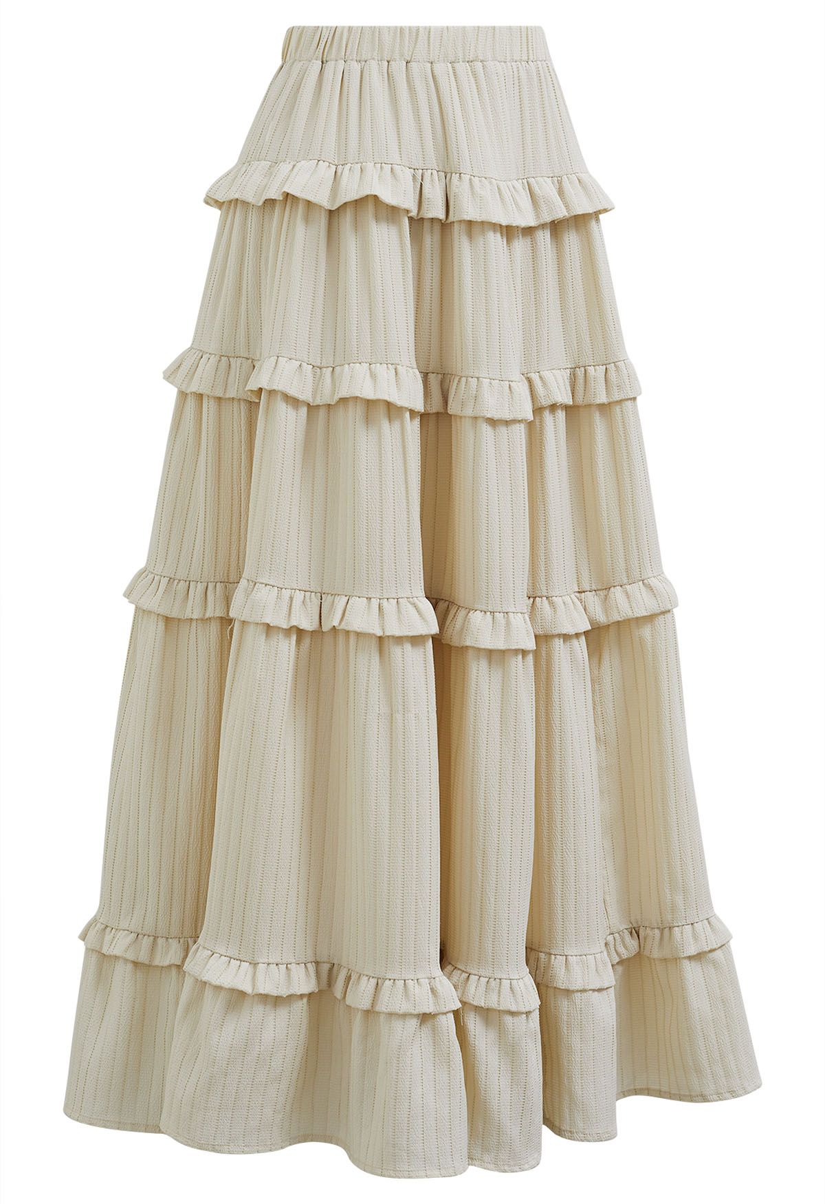 Ruffle Tiered Stripe Texture Maxi Skirt in Ivory