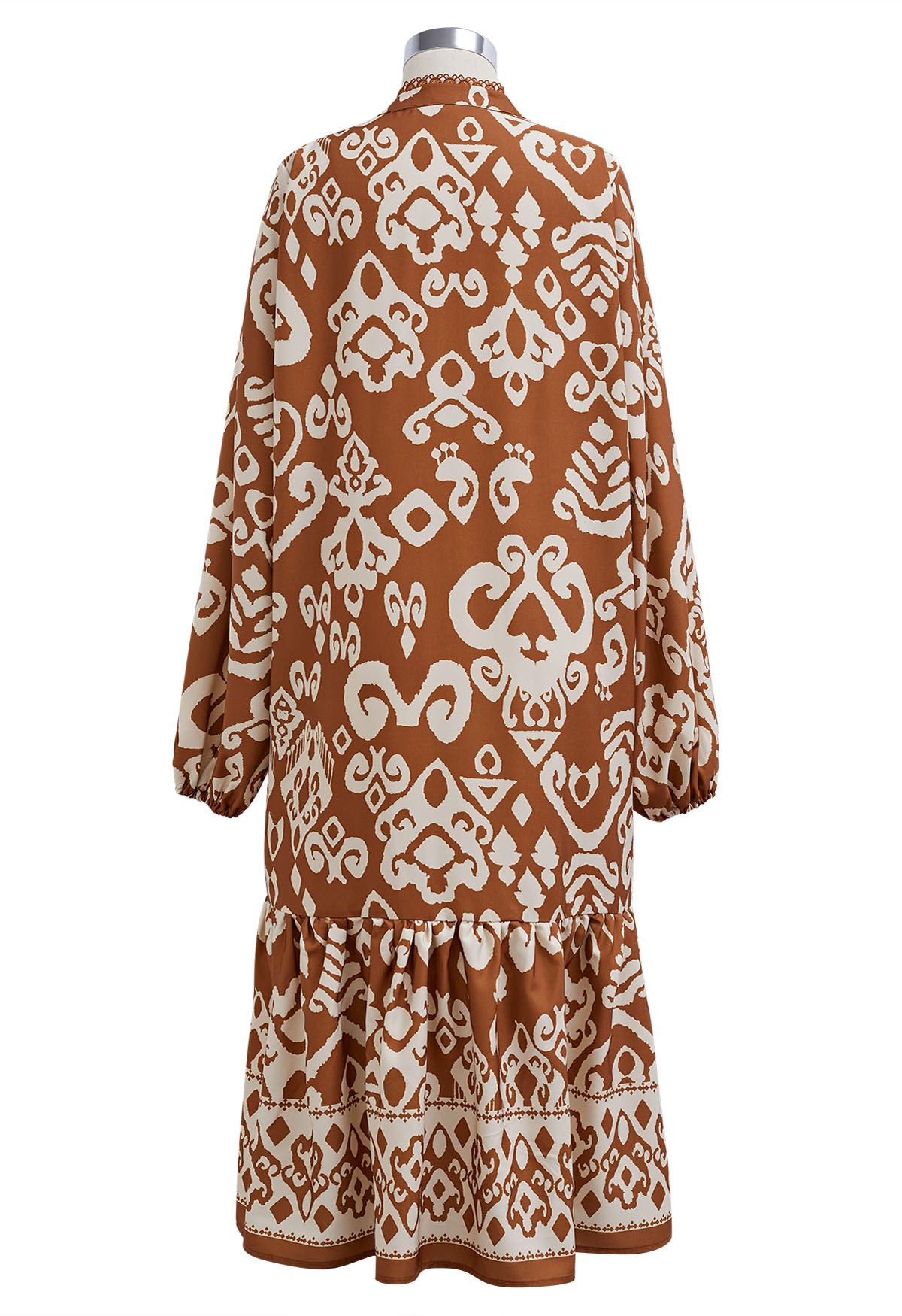 Bohemian Print Bubble Sleeves Frilling Dress