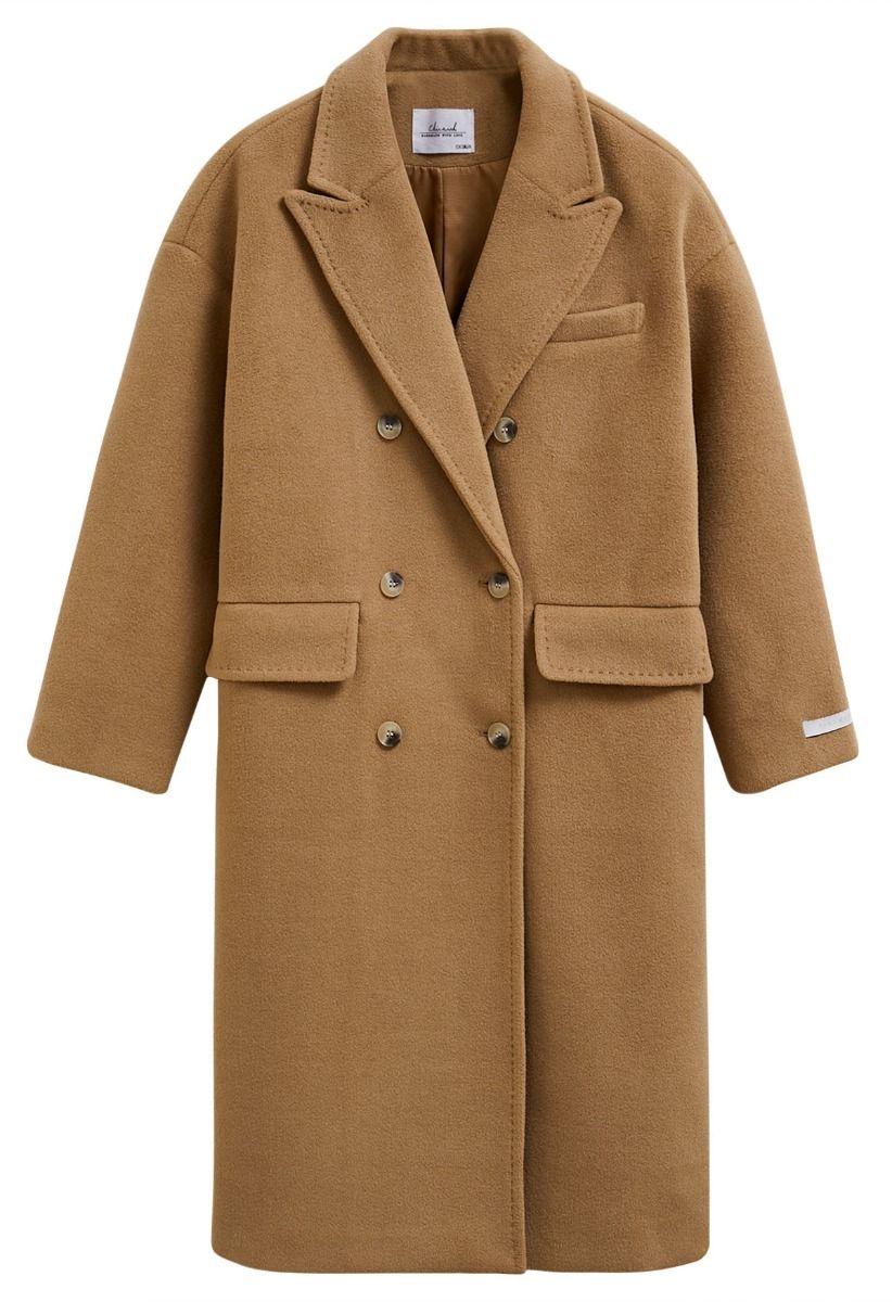Timeless Trendy Double-Breasted Longline Coat in Camel