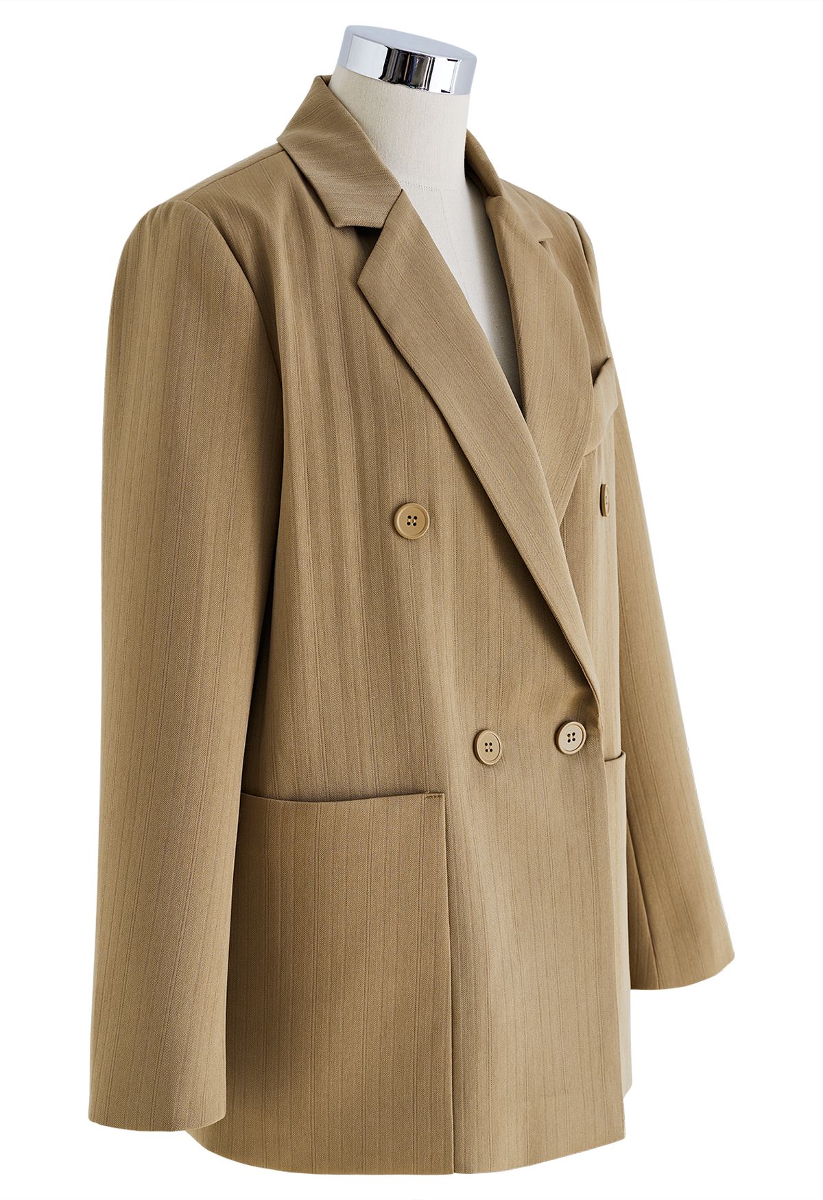 Solid Color Textured Double-Breasted Blazer in Tan