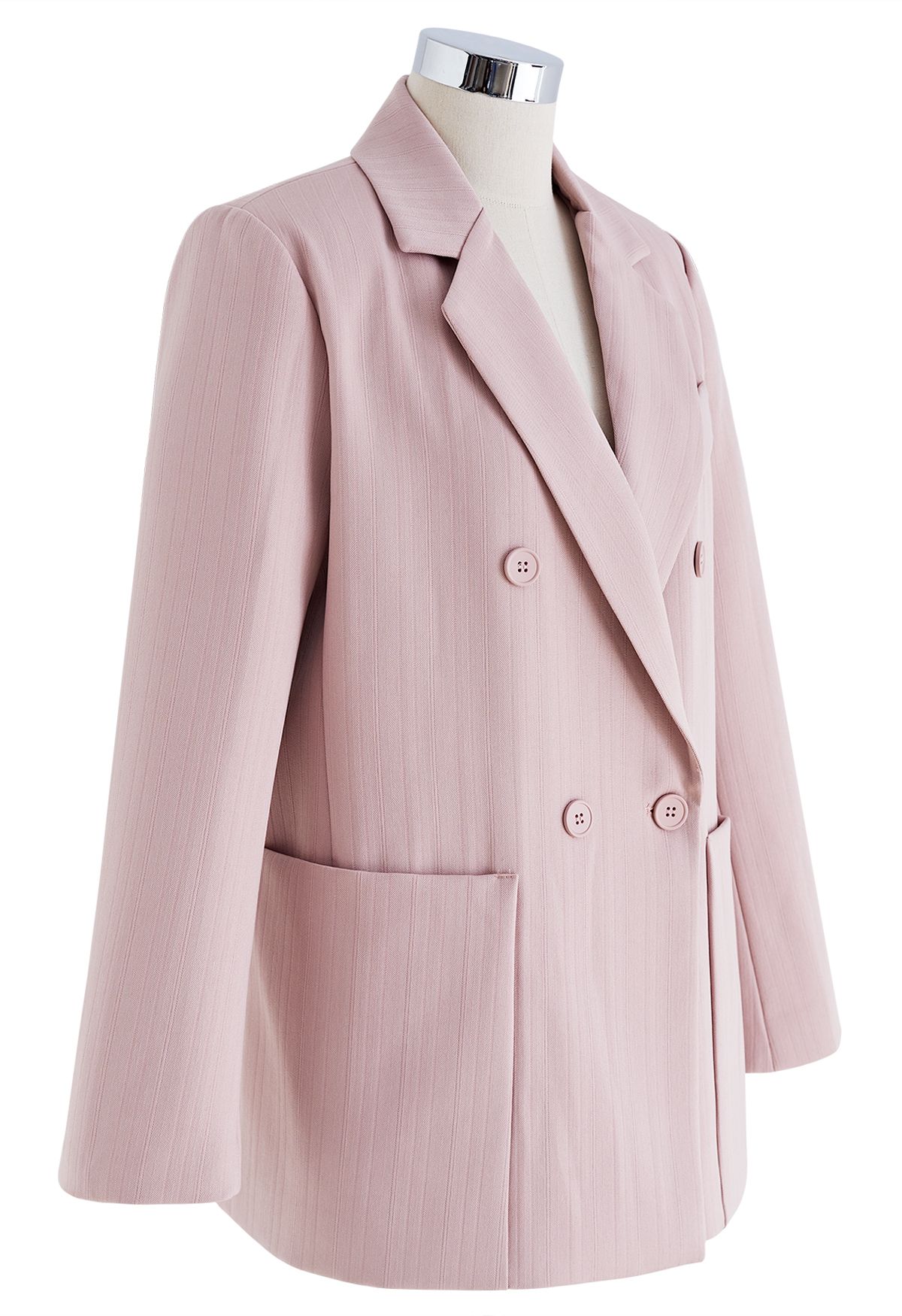 Solid Color Textured Double-Breasted Blazer in Pink