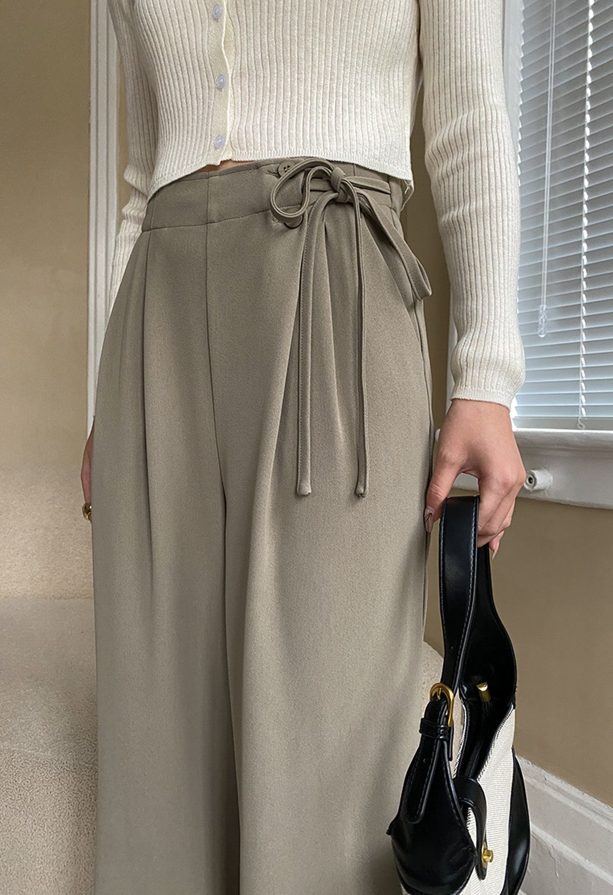 Side Drawstring Pleated Straight Leg Pants in Taupe