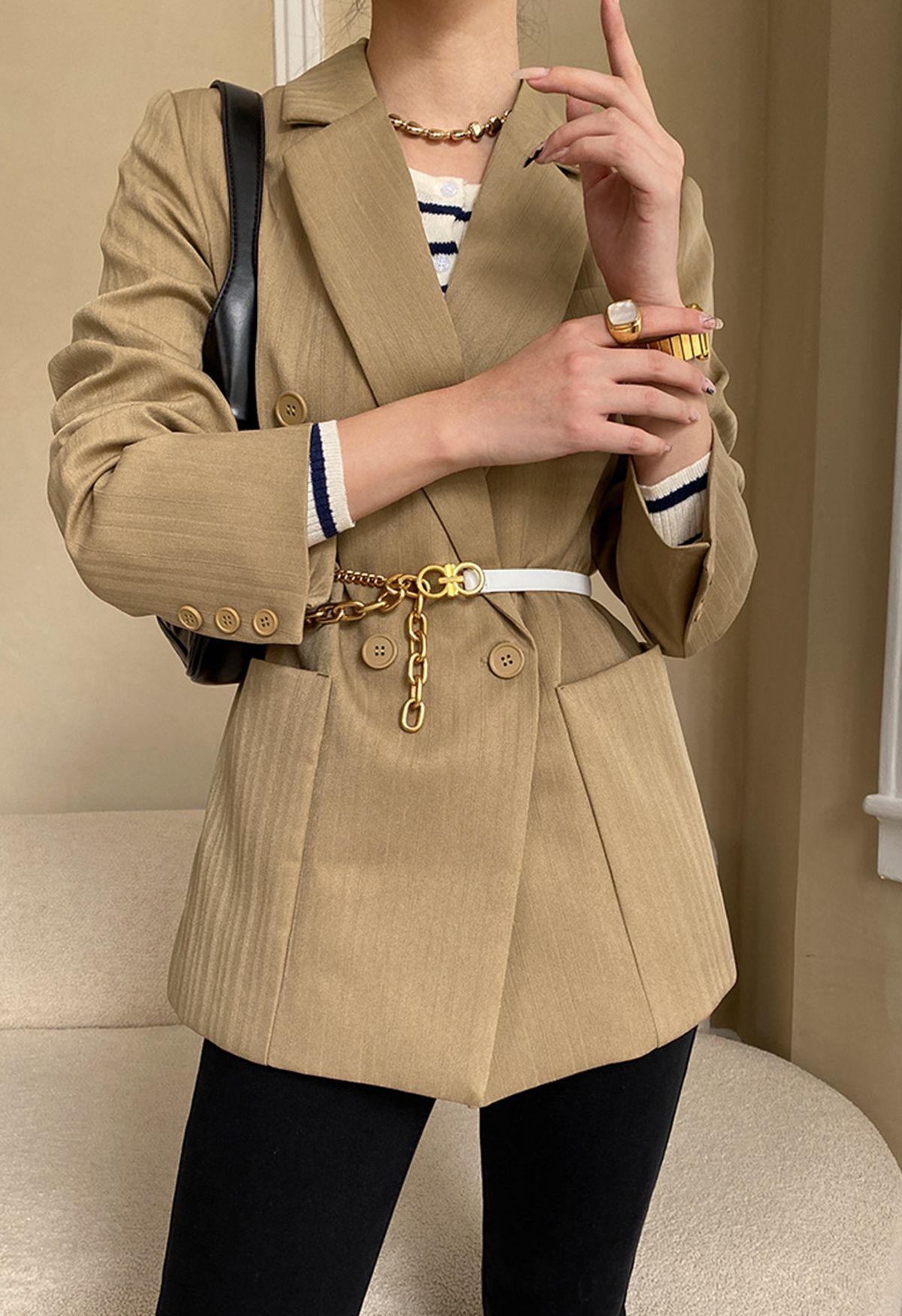 Solid Color Textured Double-Breasted Blazer in Tan