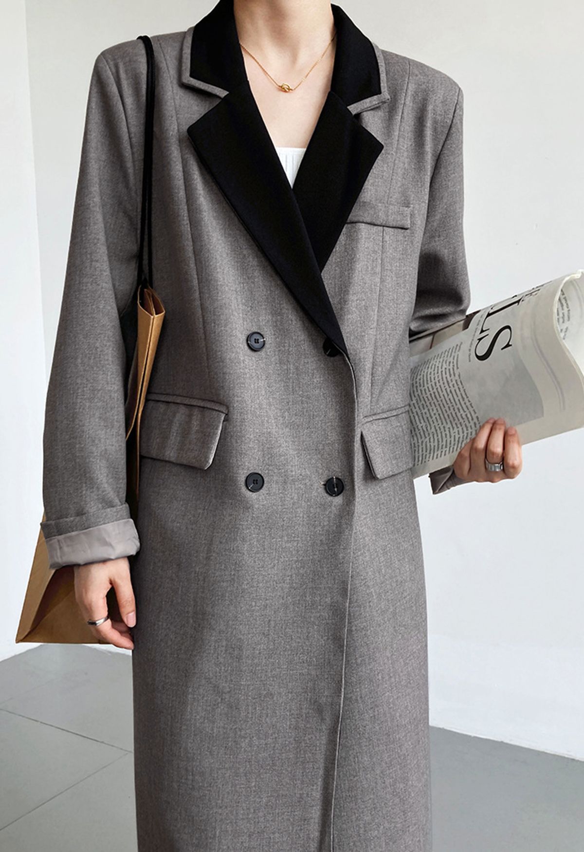 Contrast Notched Lapel Longline Coat in Grey