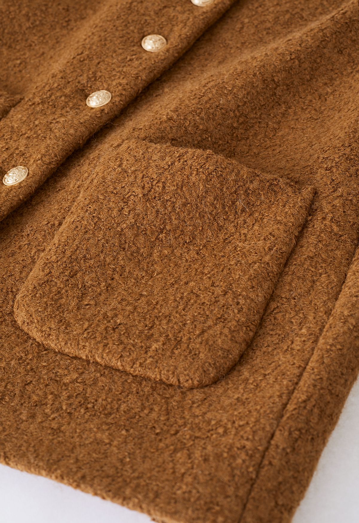 Collarless Button Down Wool-Blend Coat in Caramel
