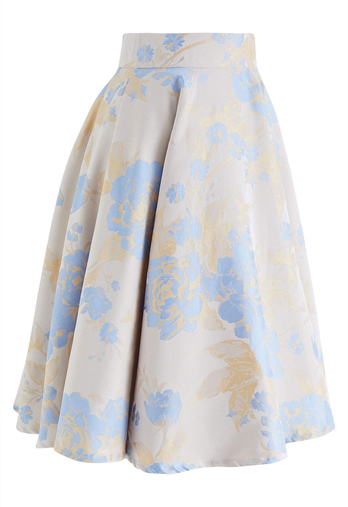Sunlit Blue Peony Jacquard Flare Midi Skirt