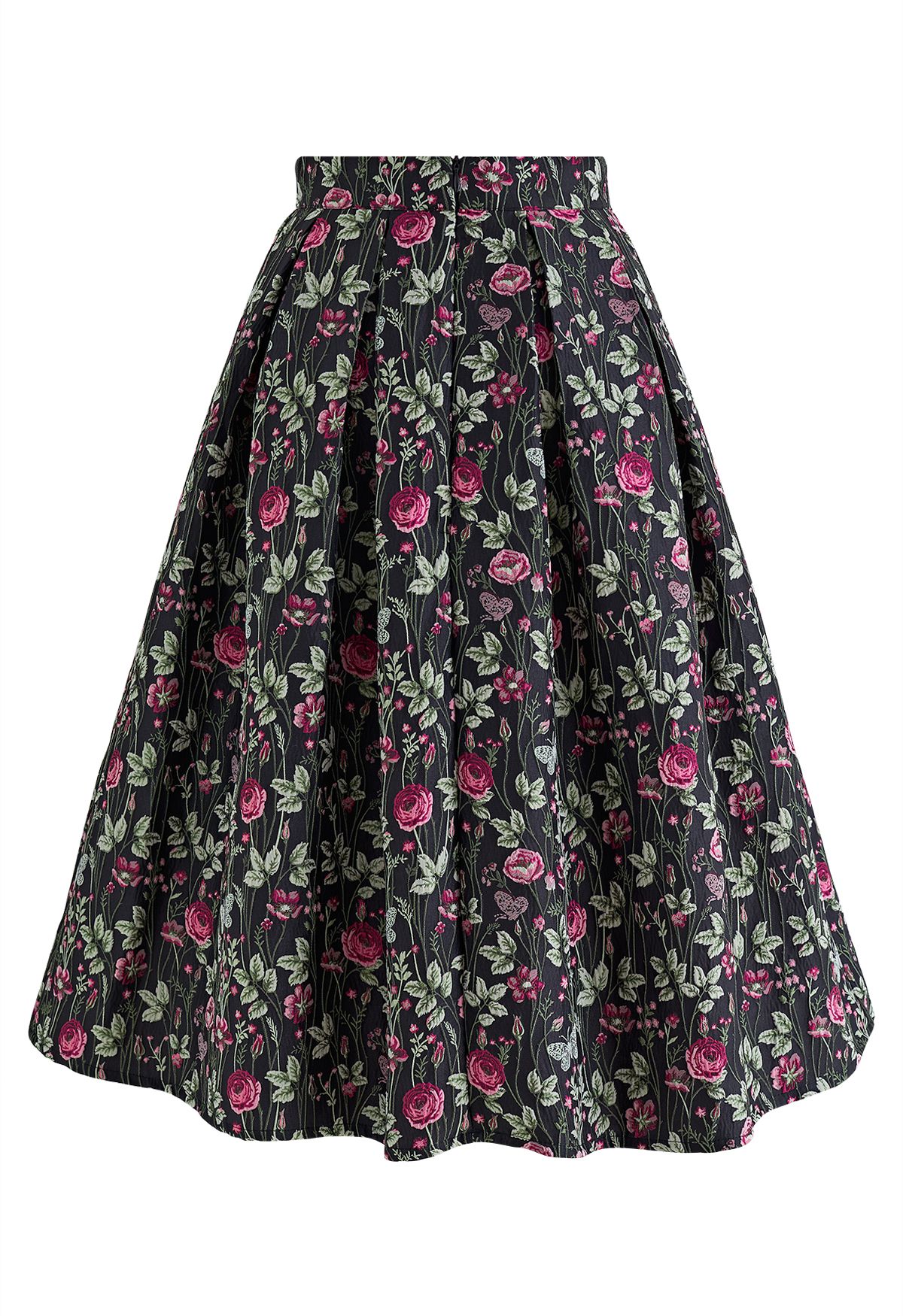 Lost in Rose Bush Jacquard Pleated Midi Skirt in Black