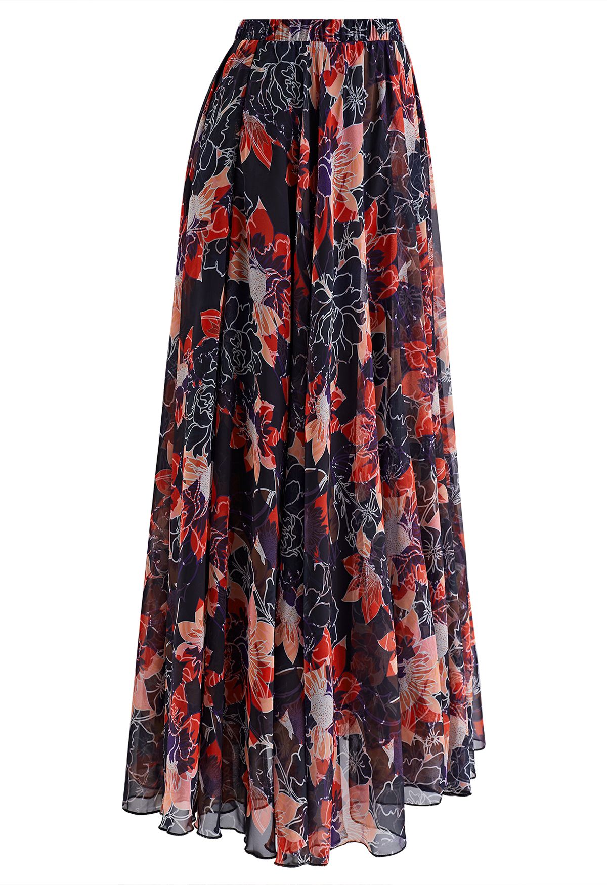 Fully Bloomed Red Floral Chiffon Maxi Skirt