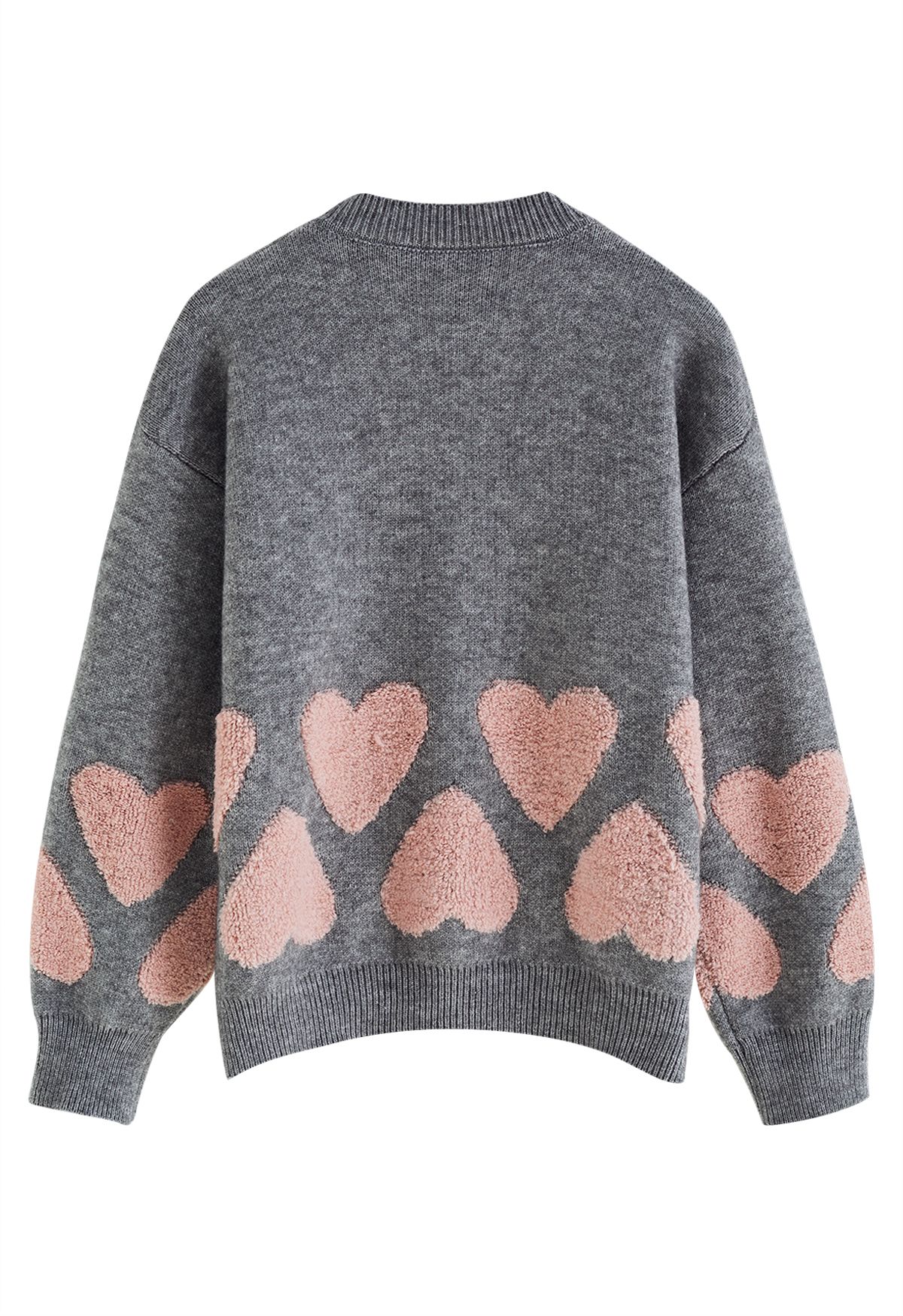 Tender Fuzzy Heart Jacquard Knit Sweater in Grey