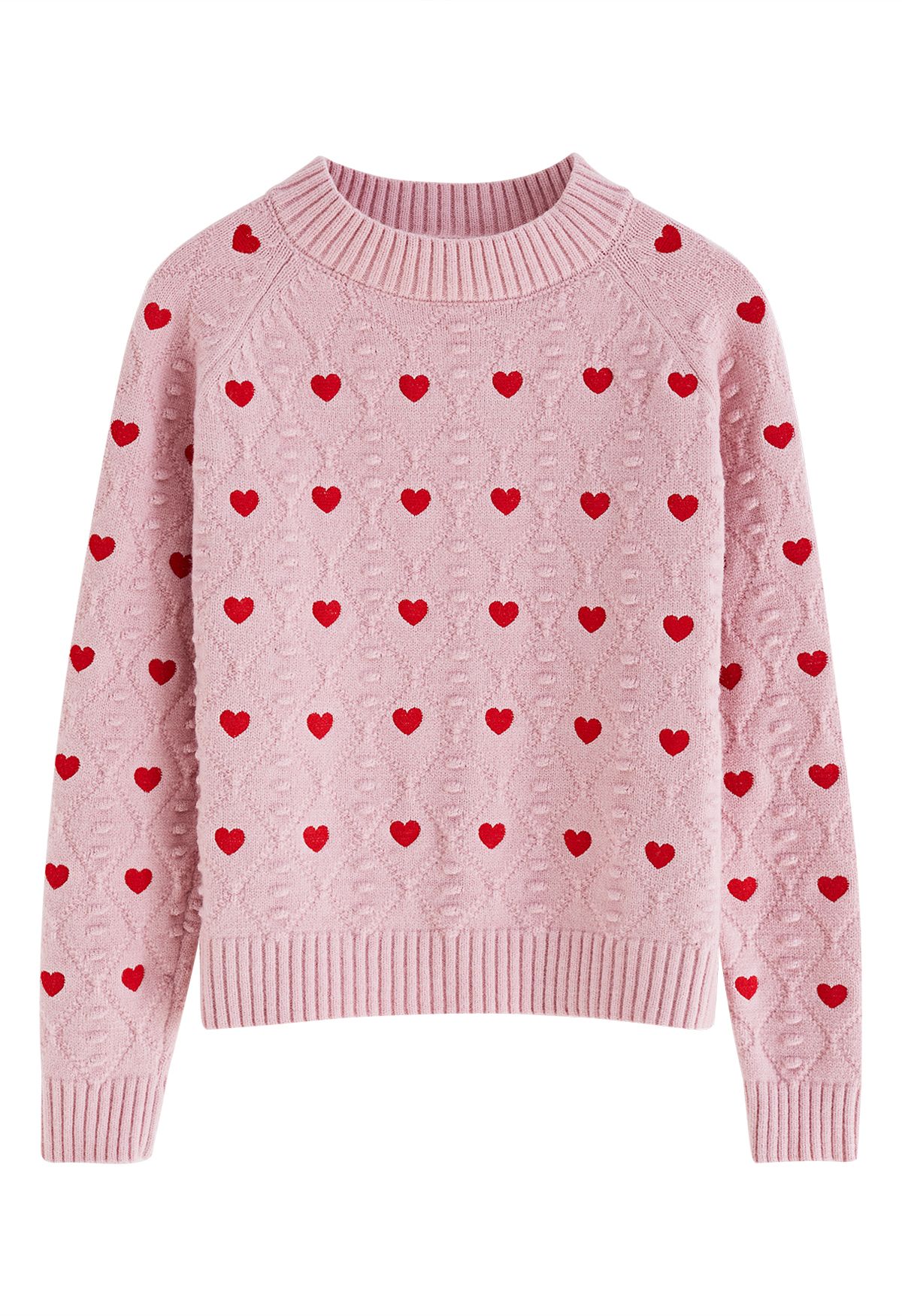 Full of Hearts Embroidered Emboss Knit Crop Sweater in Pink