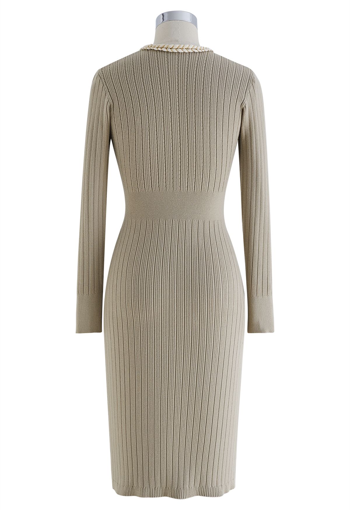 Braided Edge Golden Button Bodycon Knit Dress in Oatmeal