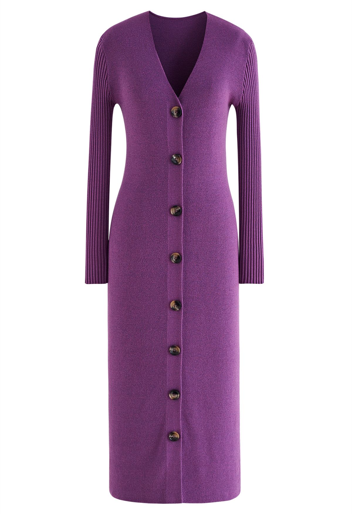 V-Neck Button Down Knit Midi Dress in Purple