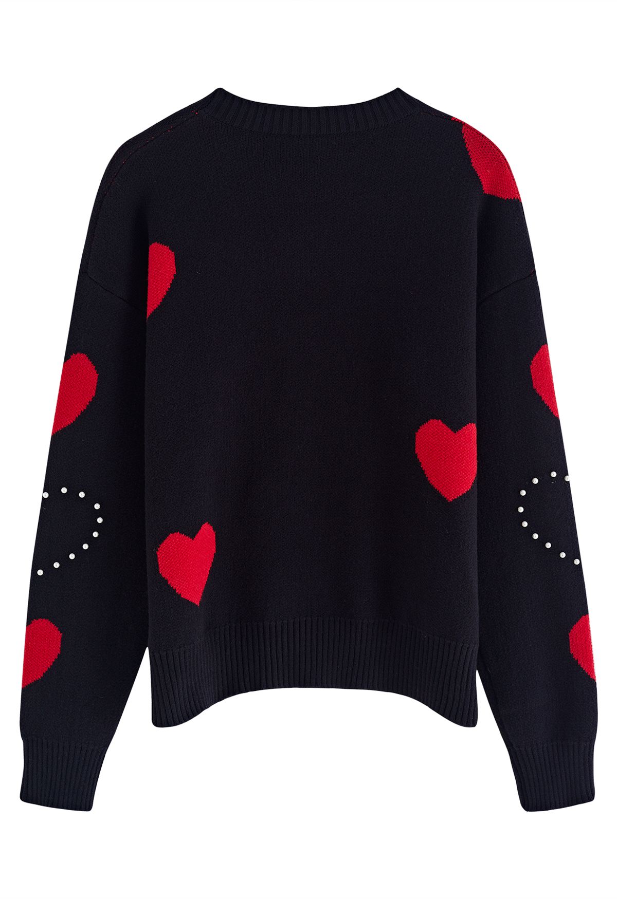 Passionate Heart Pearl Trim Knit Sweater in Black