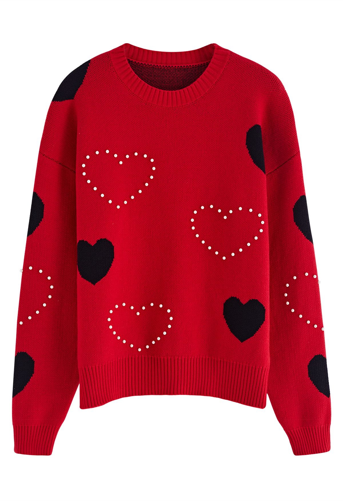 Passionate Heart Pearl Trim Knit Sweater in Red