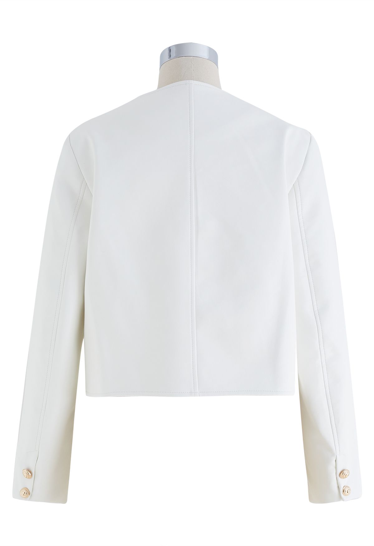 Collarless Double-Breasted Faux Leather Jacket in White