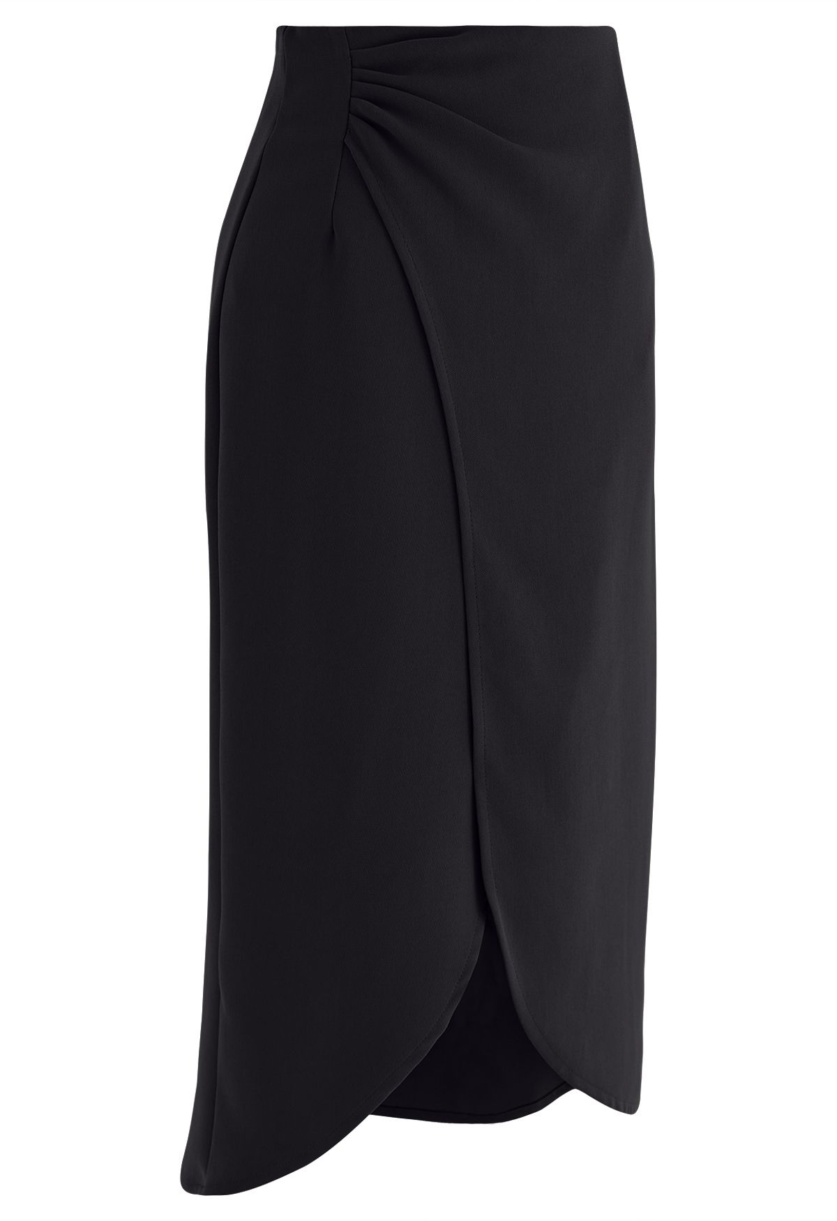 Side Ruching Tulip Hem Midi Skirt in Black