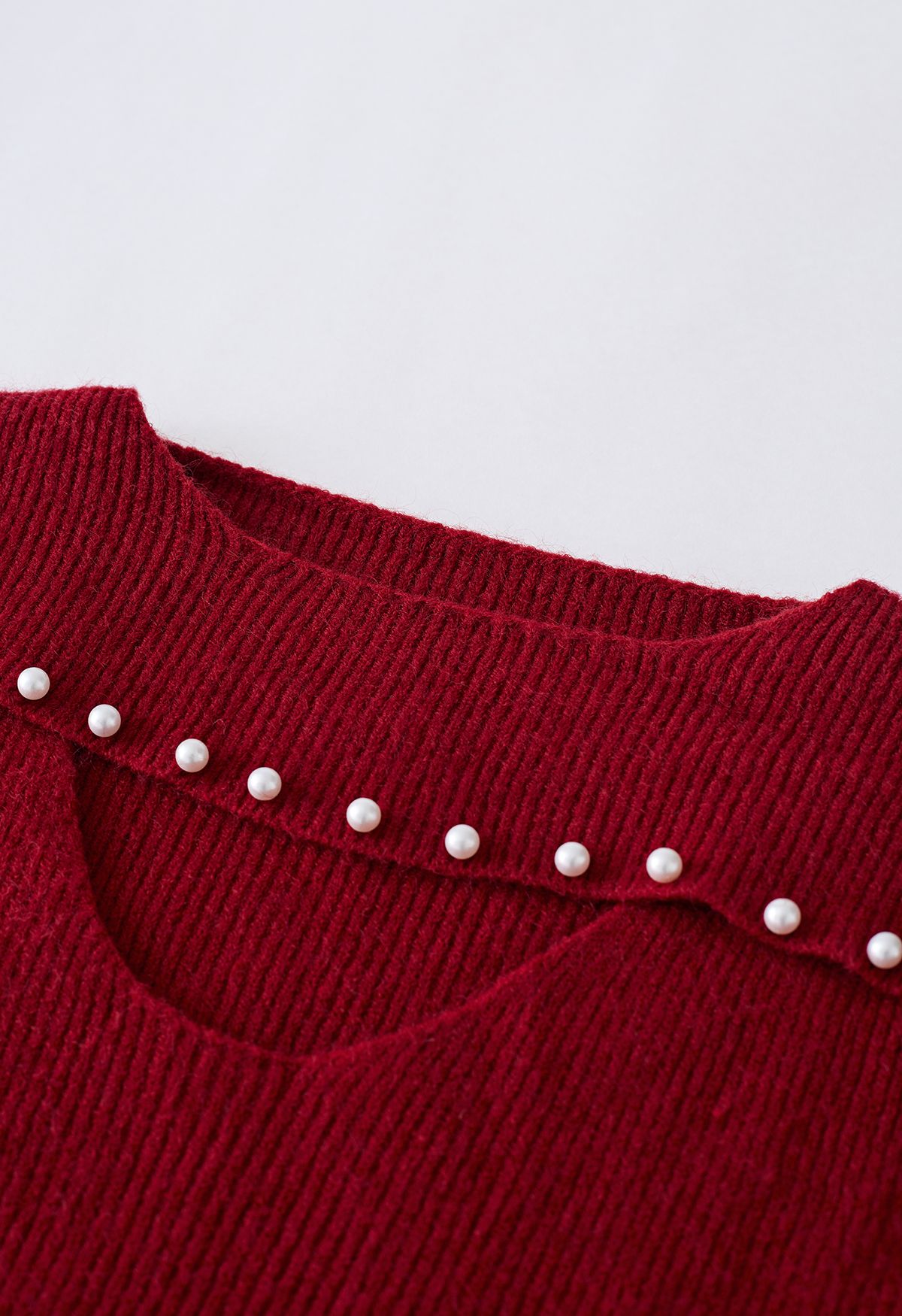 Cutout Pearl Neckline Knit Sweater in Red
