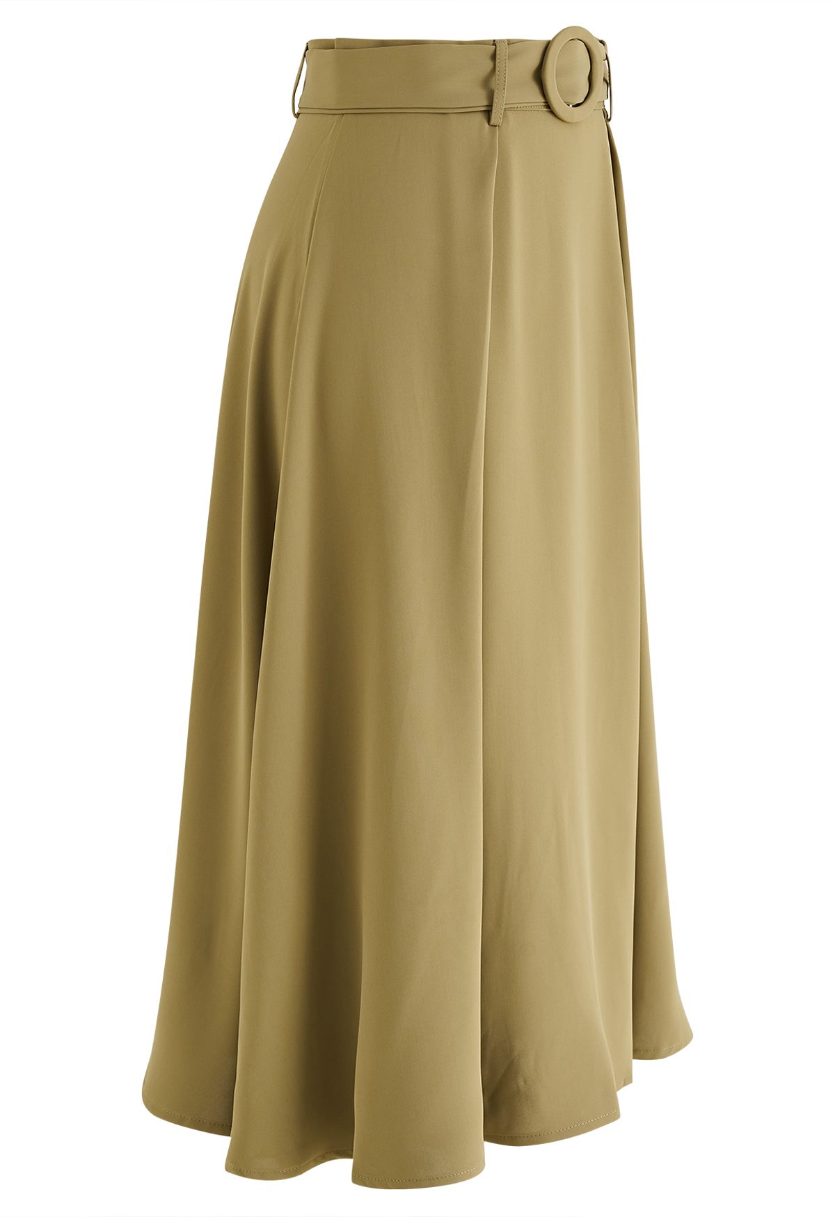 O-Ring Belt Pleated Flare Midi Skirt in Camel