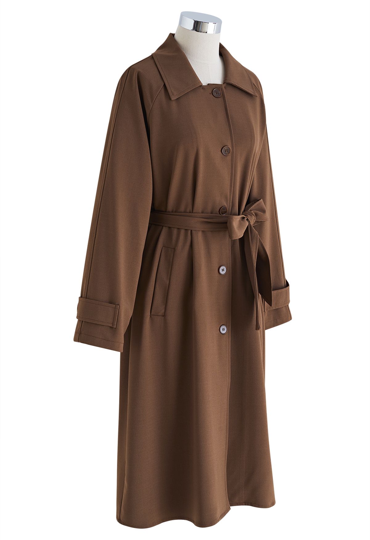 Single-Breasted Belted Trench Coat in Brown