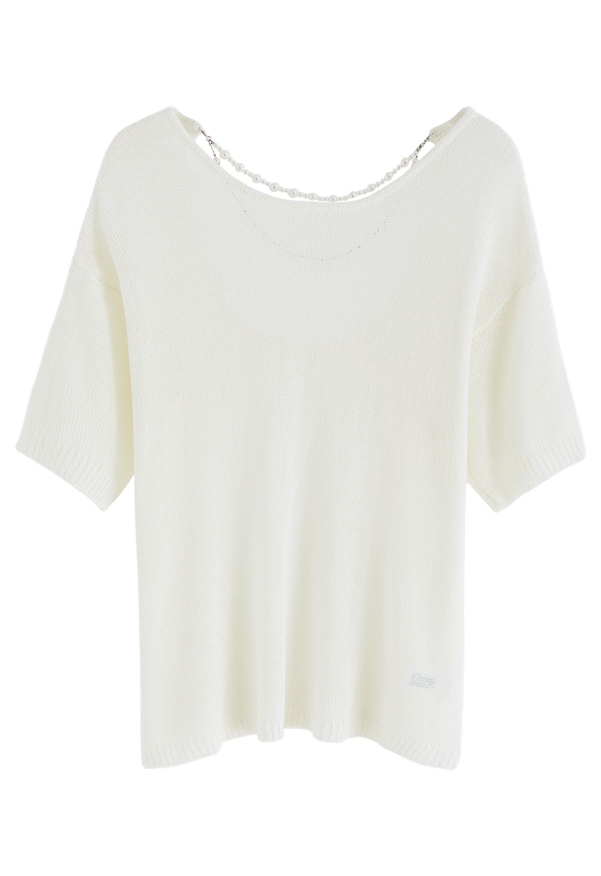 Pearl Necklace Short Sleeve Knit Top in Ivory