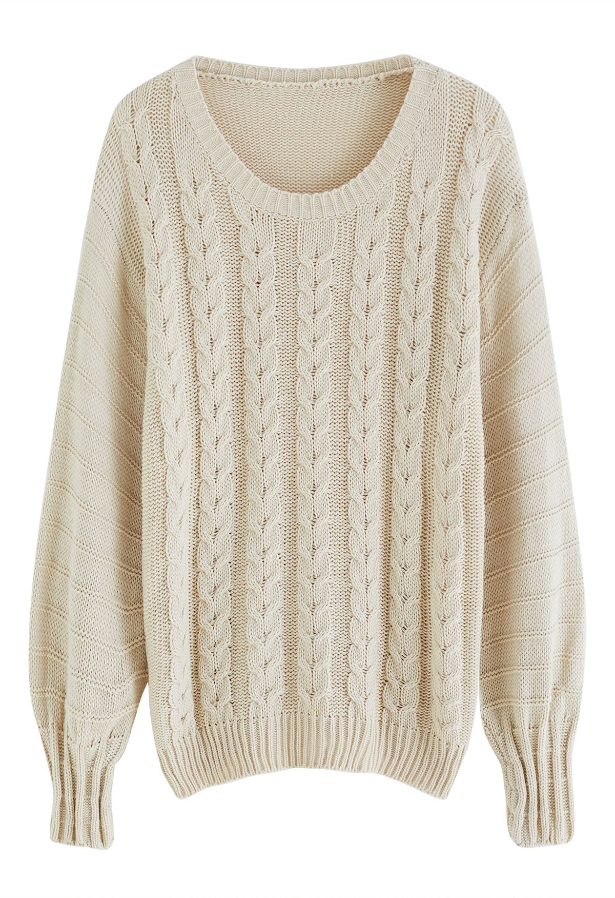 Balloon Sleeve Cable Knit Sweater in Sand