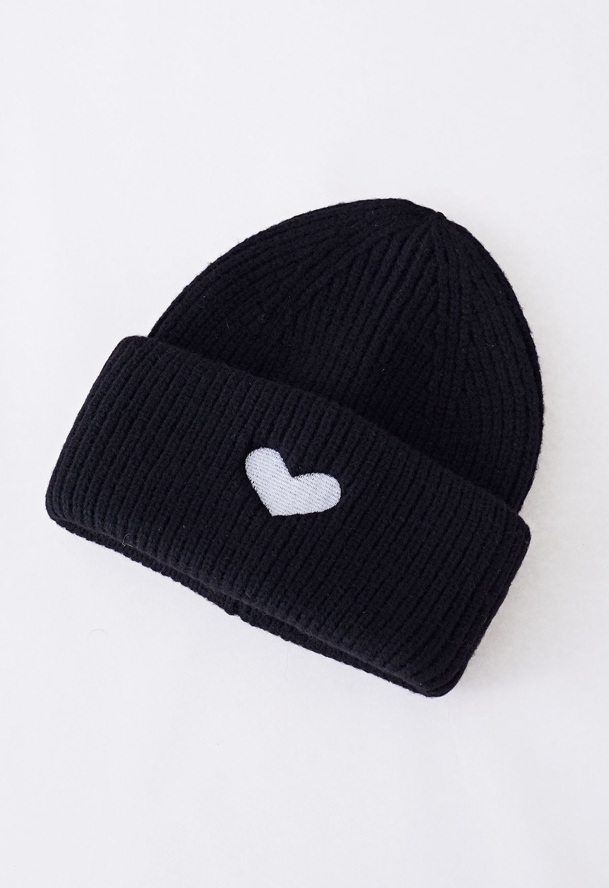Heart Patch Folded Beanie Hat in Black