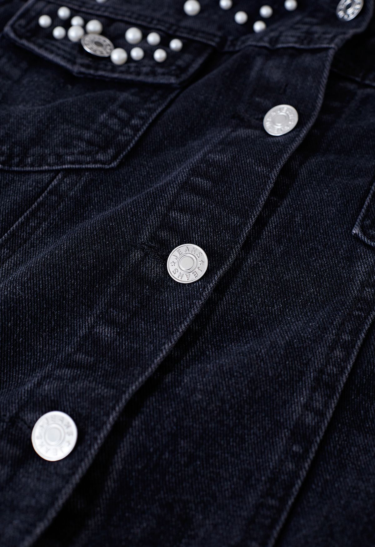 Pearl Embellished Flap Pocket Denim Jacket in Black