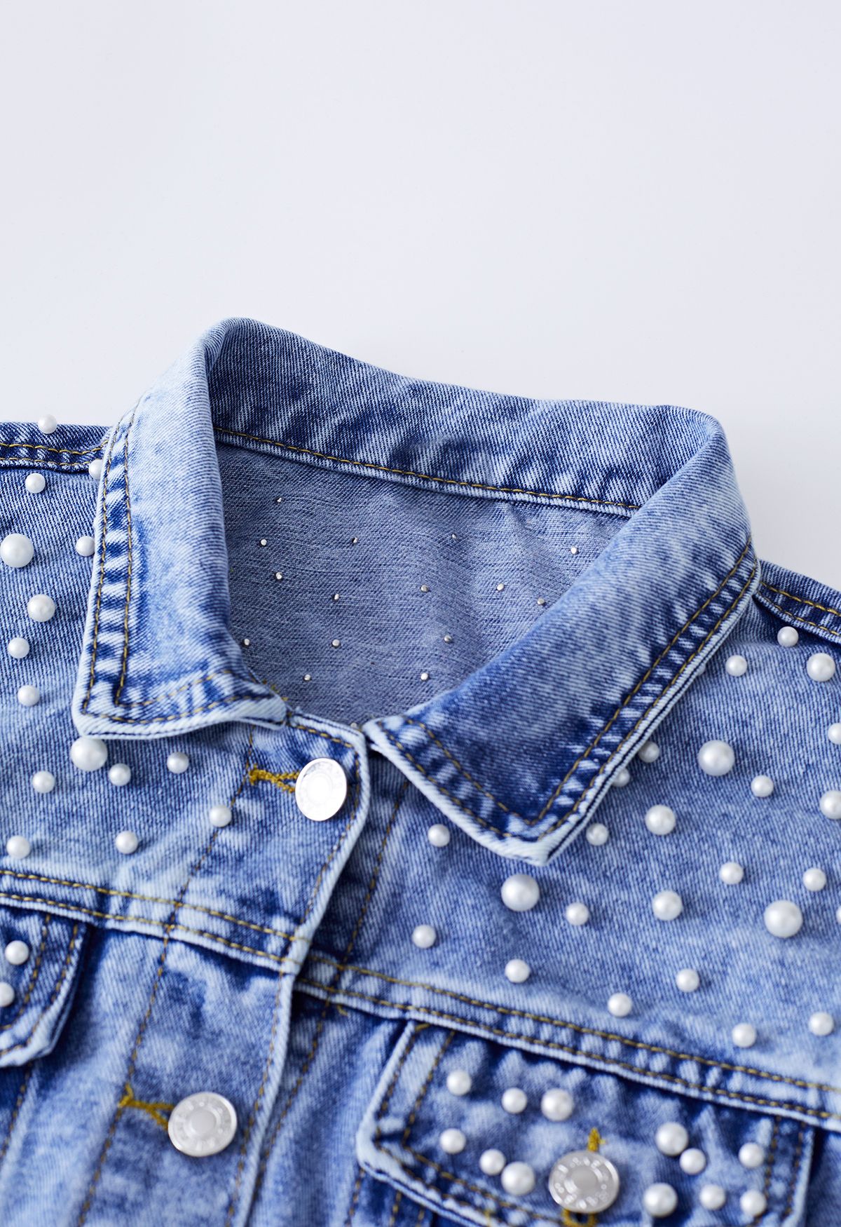 Pearl Embellished Flap Pocket Denim Jacket in Blue