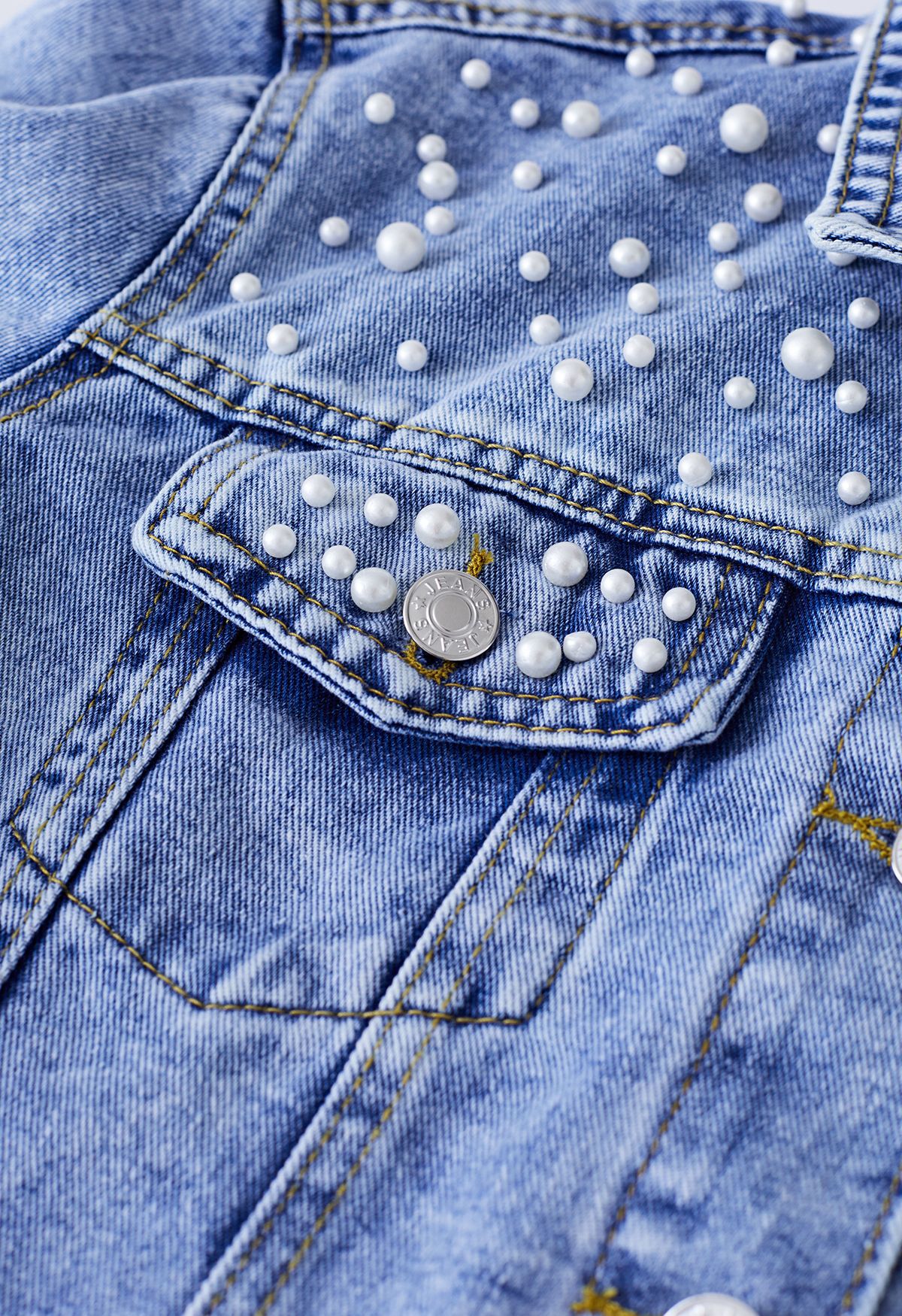 Pearl Embellished Flap Pocket Denim Jacket in Blue