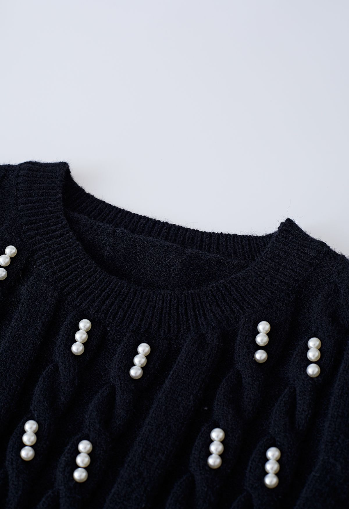 Pearl Embellished Braid Knit Top in Black