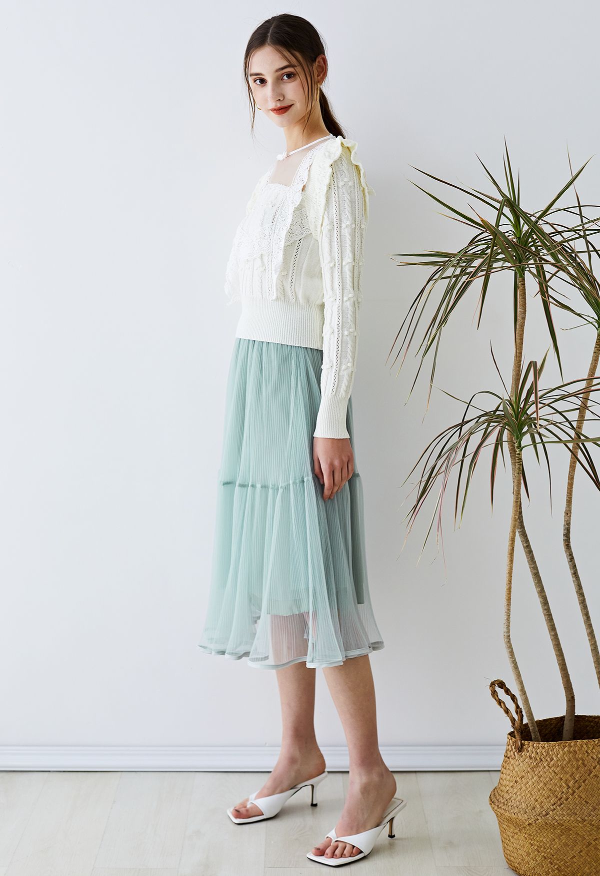 Fairy Plisse Mesh Tulle Midi Skirt in Mint