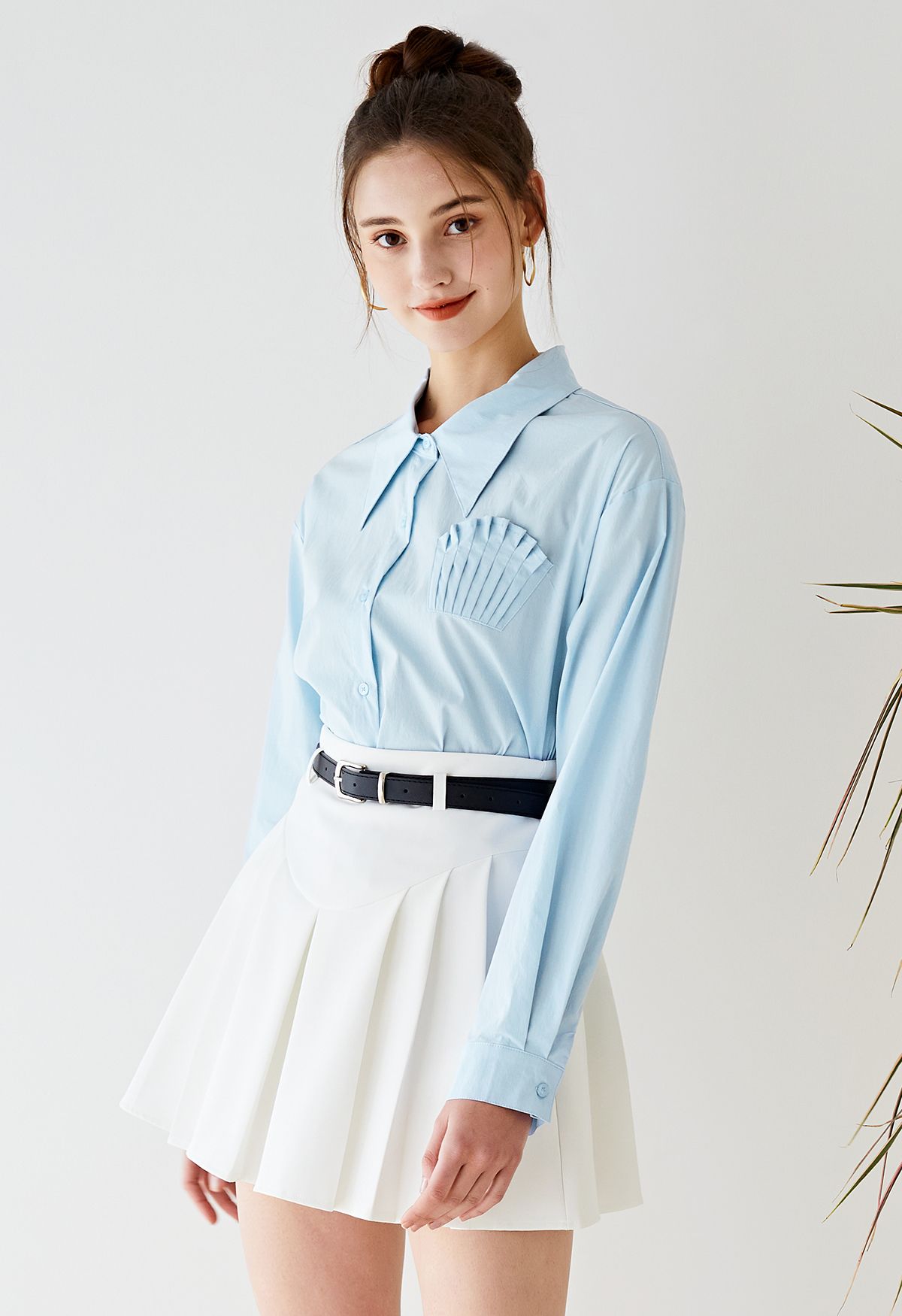 Pleated Patch Bust Cotton Shirt in Blue