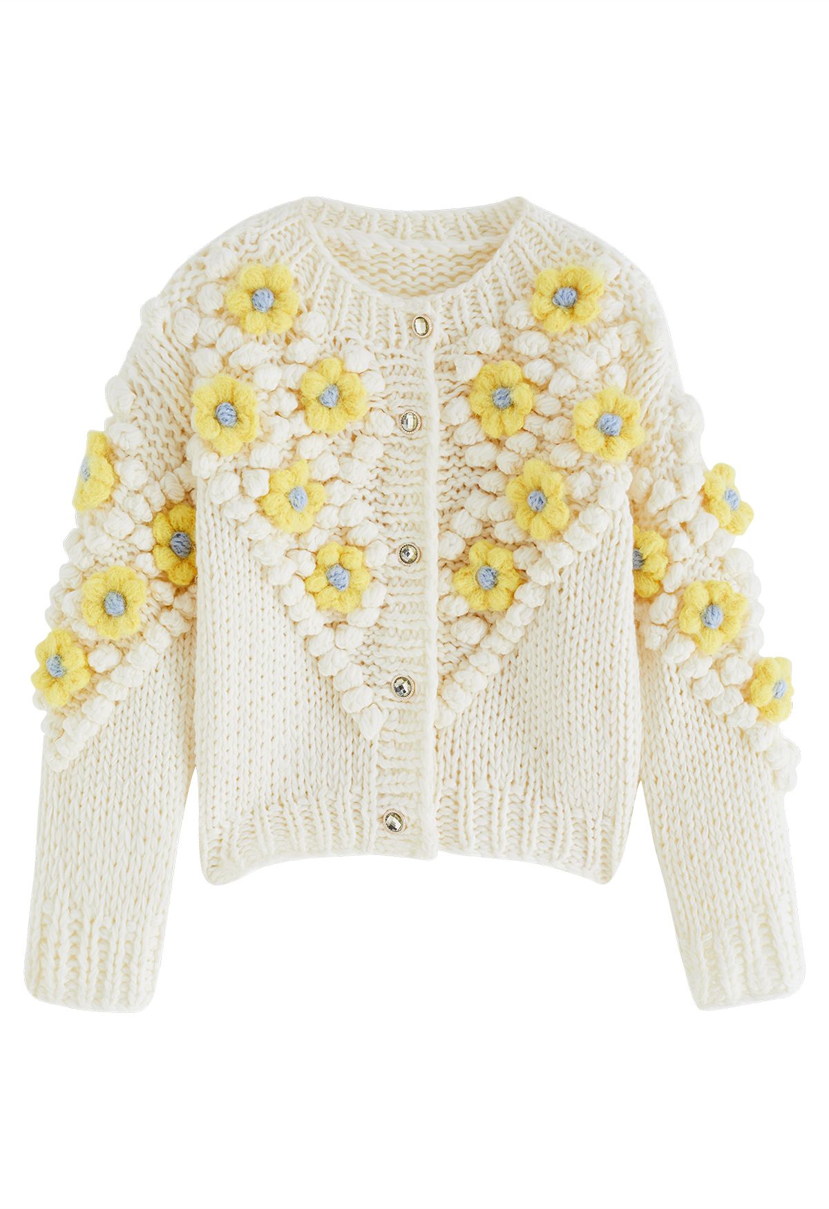 Yellow Stitch Flower Pom-Pom Knit Cardigan