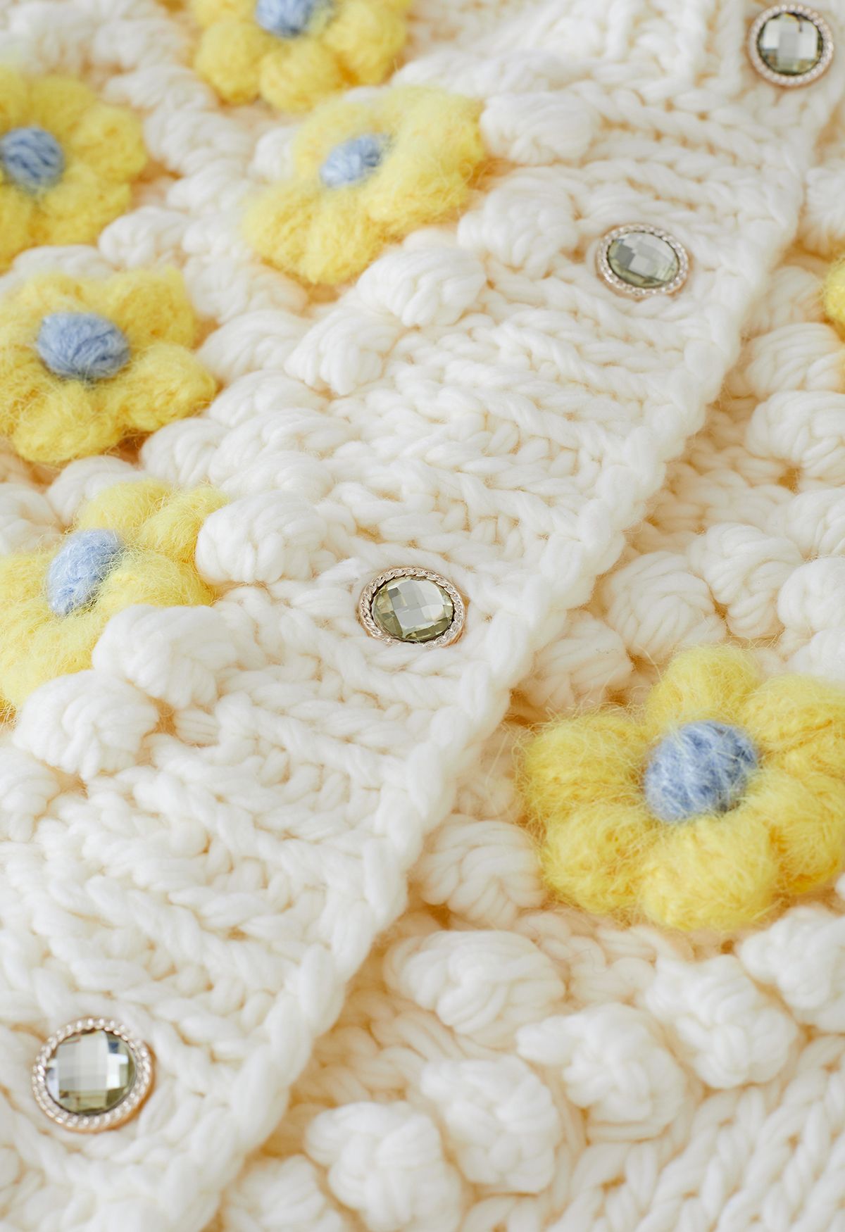 Yellow Stitch Flower Pom-Pom Knit Cardigan