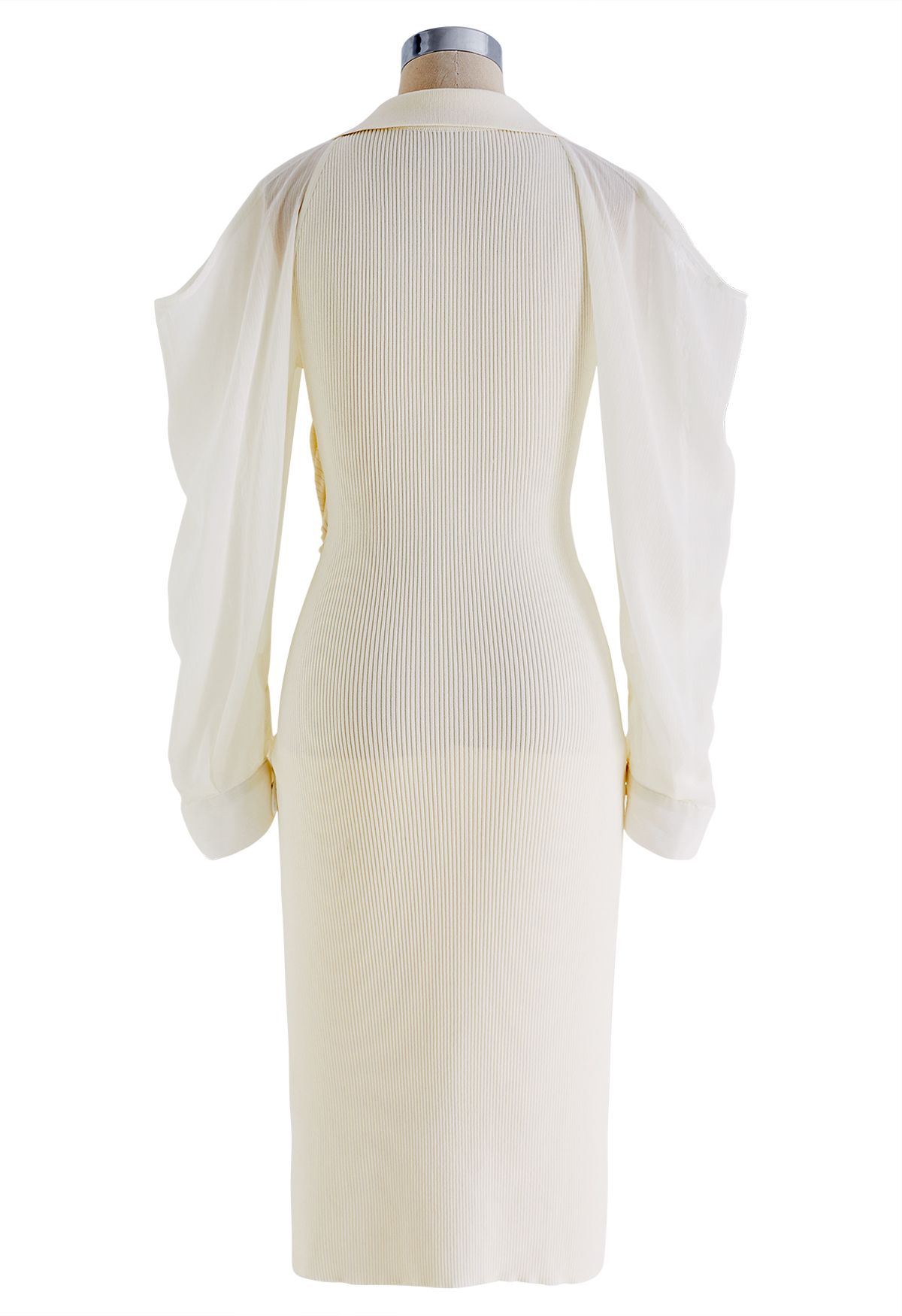 Sheer Sleeve Cold-Shoulder Bodycon Knit Dress in Cream