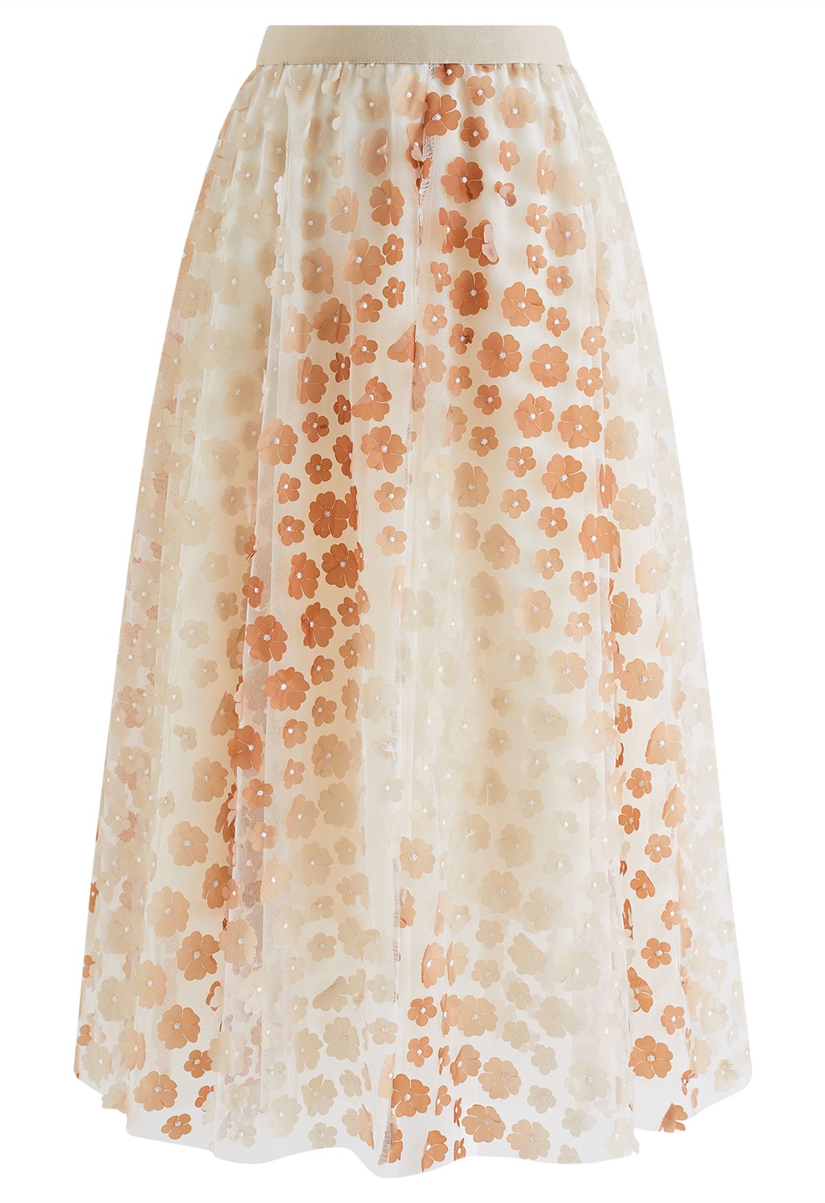 Gradient 3D Flower Double-Layered Mesh Skirt in Apricot
