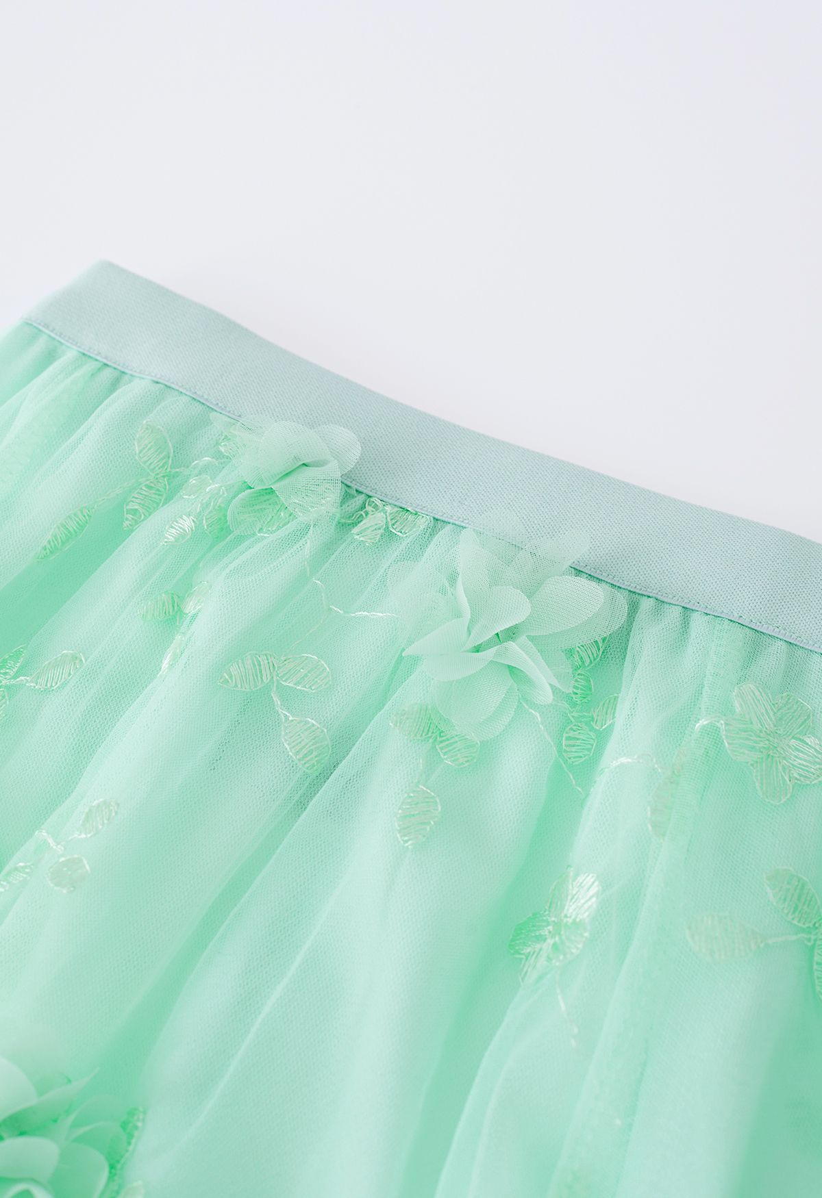 3D Mesh Flower Embroidered Tulle Midi Skirt in Mint