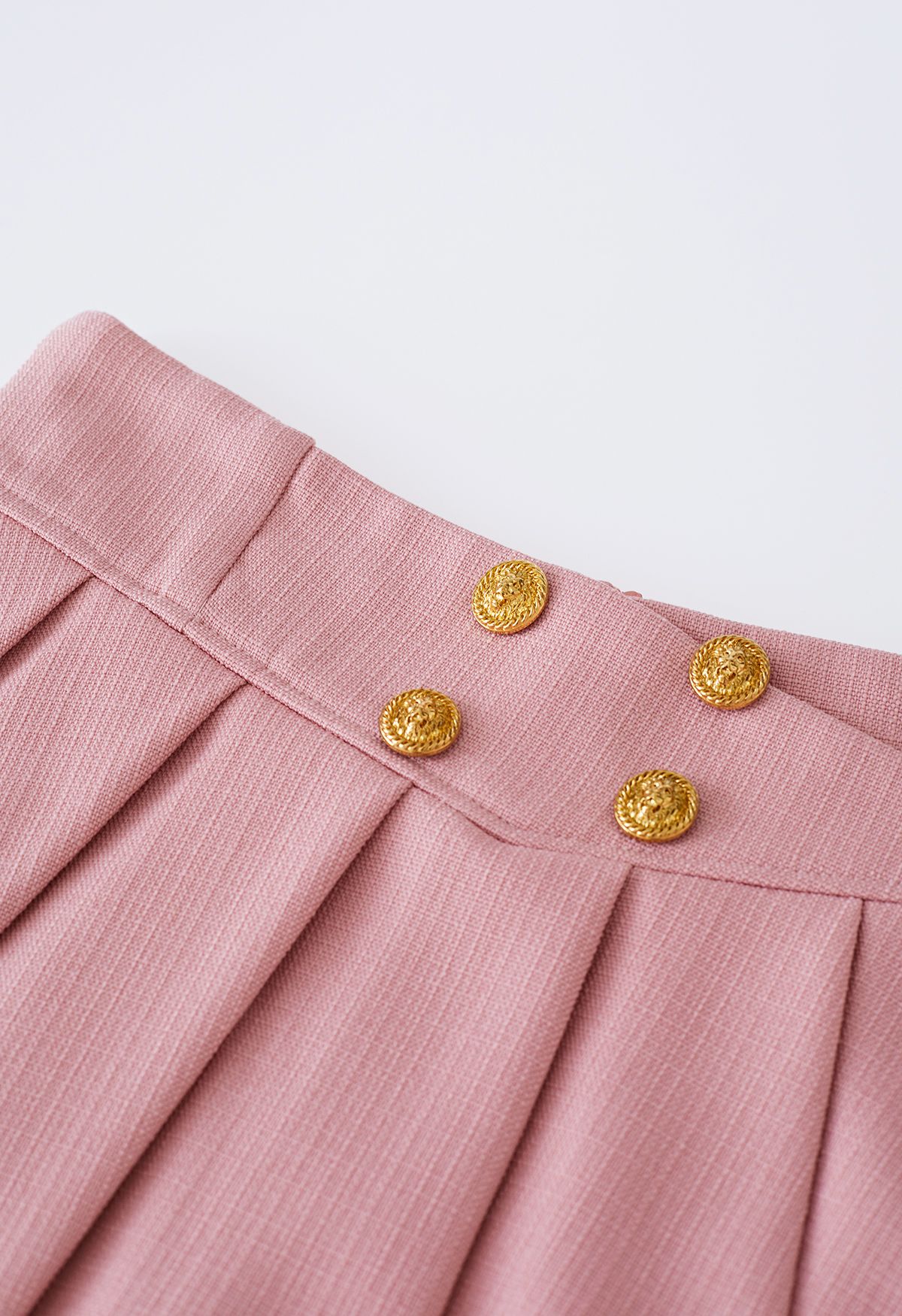 Golden Button Pleated Flare Mini Skirt in Pink