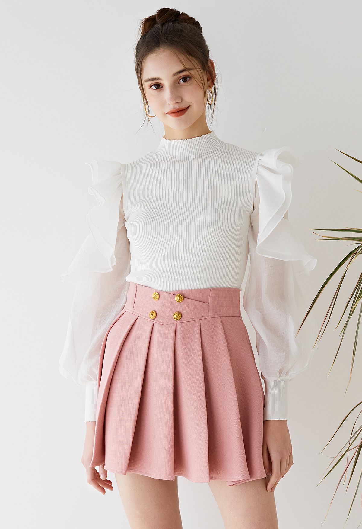 Tiered Ruffle Sleeves Spliced Knit Top in White