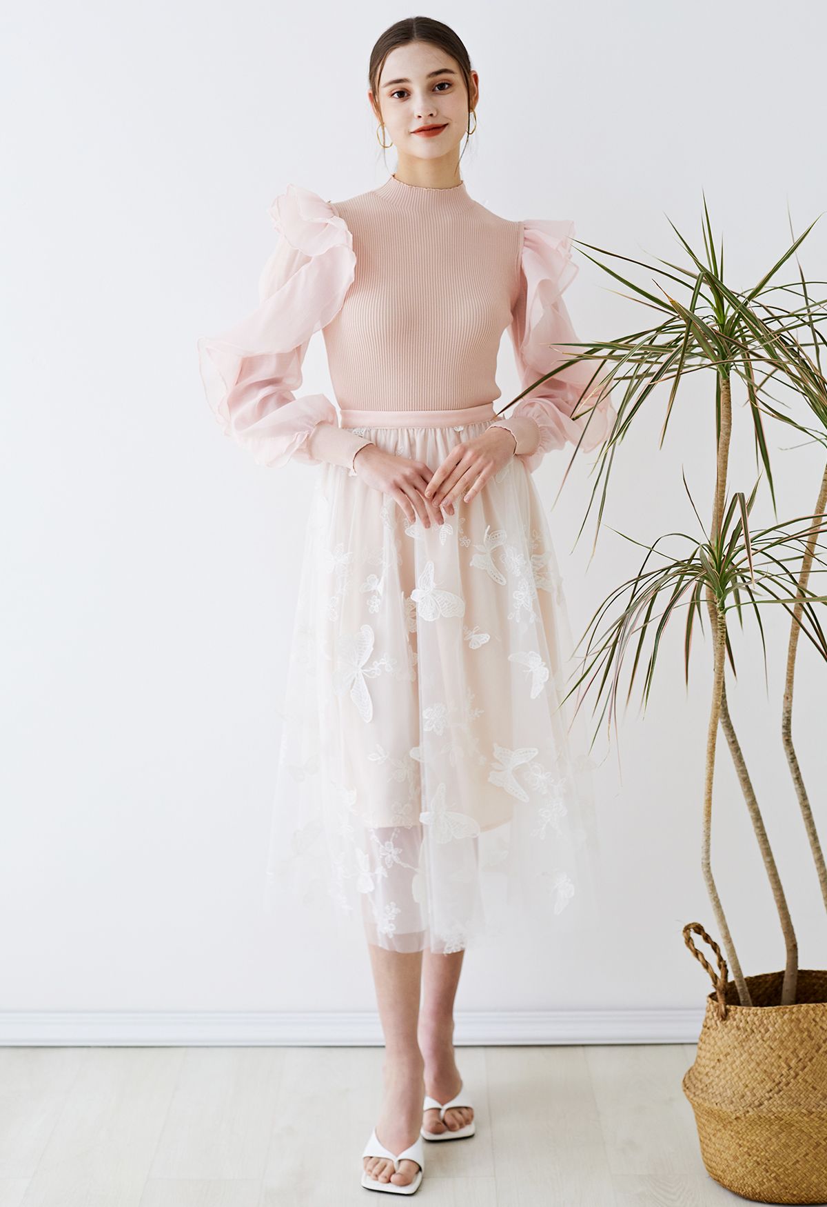 Tiered Ruffle Sleeves Spliced Knit Top in Pink